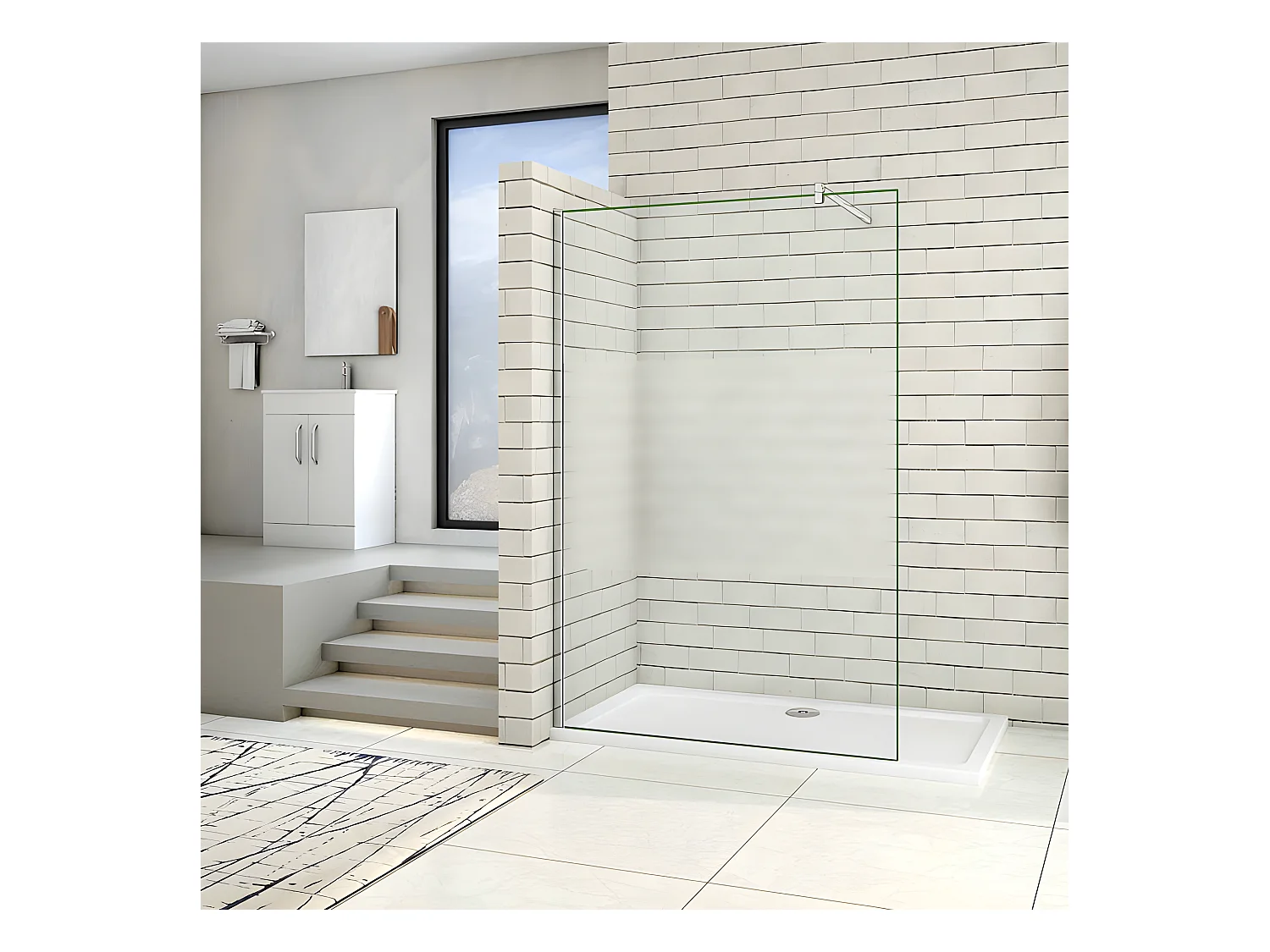 Paroi de douche à l'italienne 110x200cm avec barre de fixation 90cm en carré, en 8mm verre bande centrale dépolie