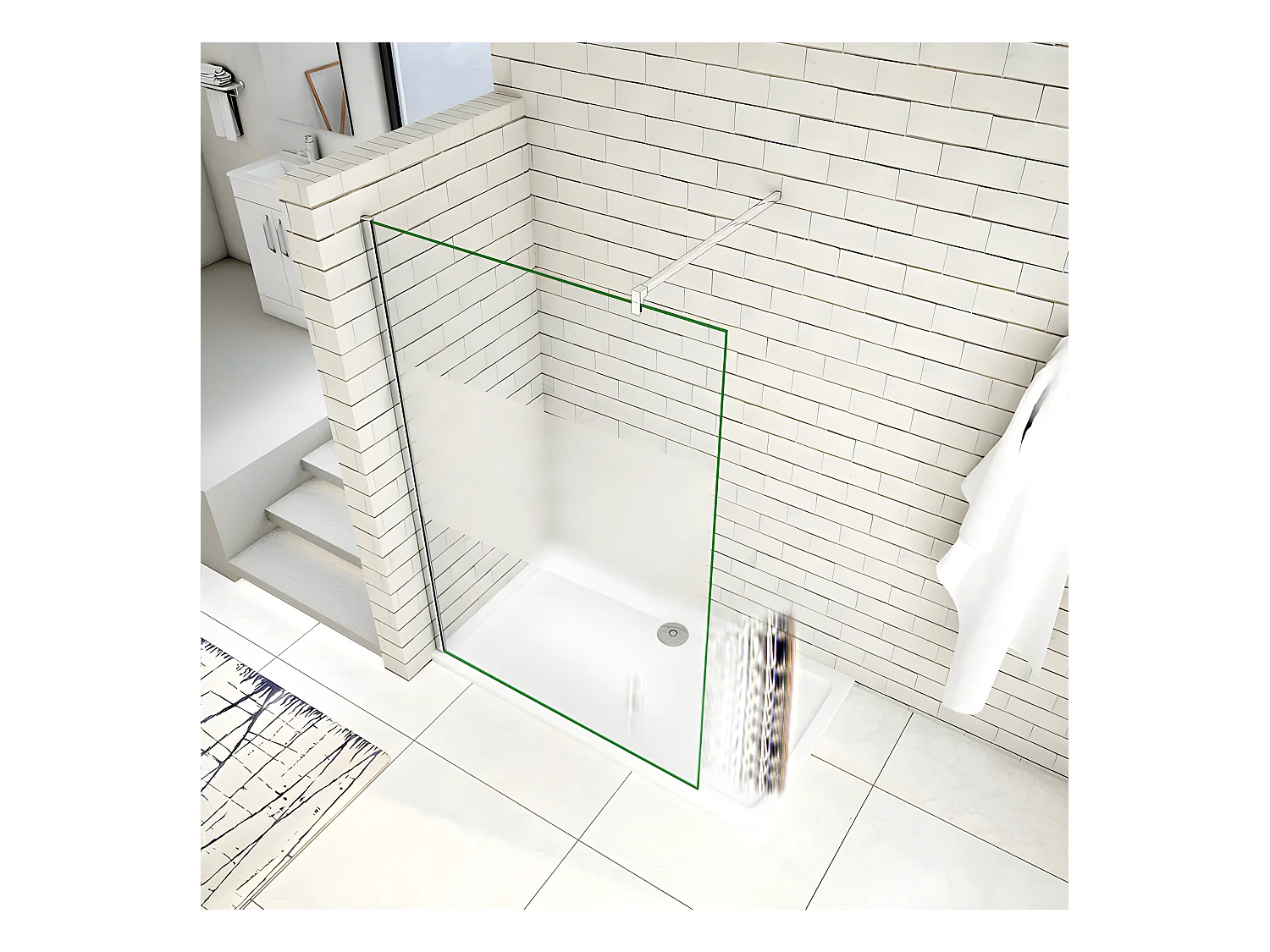 Paroi de douche à l'italienne 110x200cm avec barre de fixation 90cm en carré, en 8mm verre bande centrale dépolie