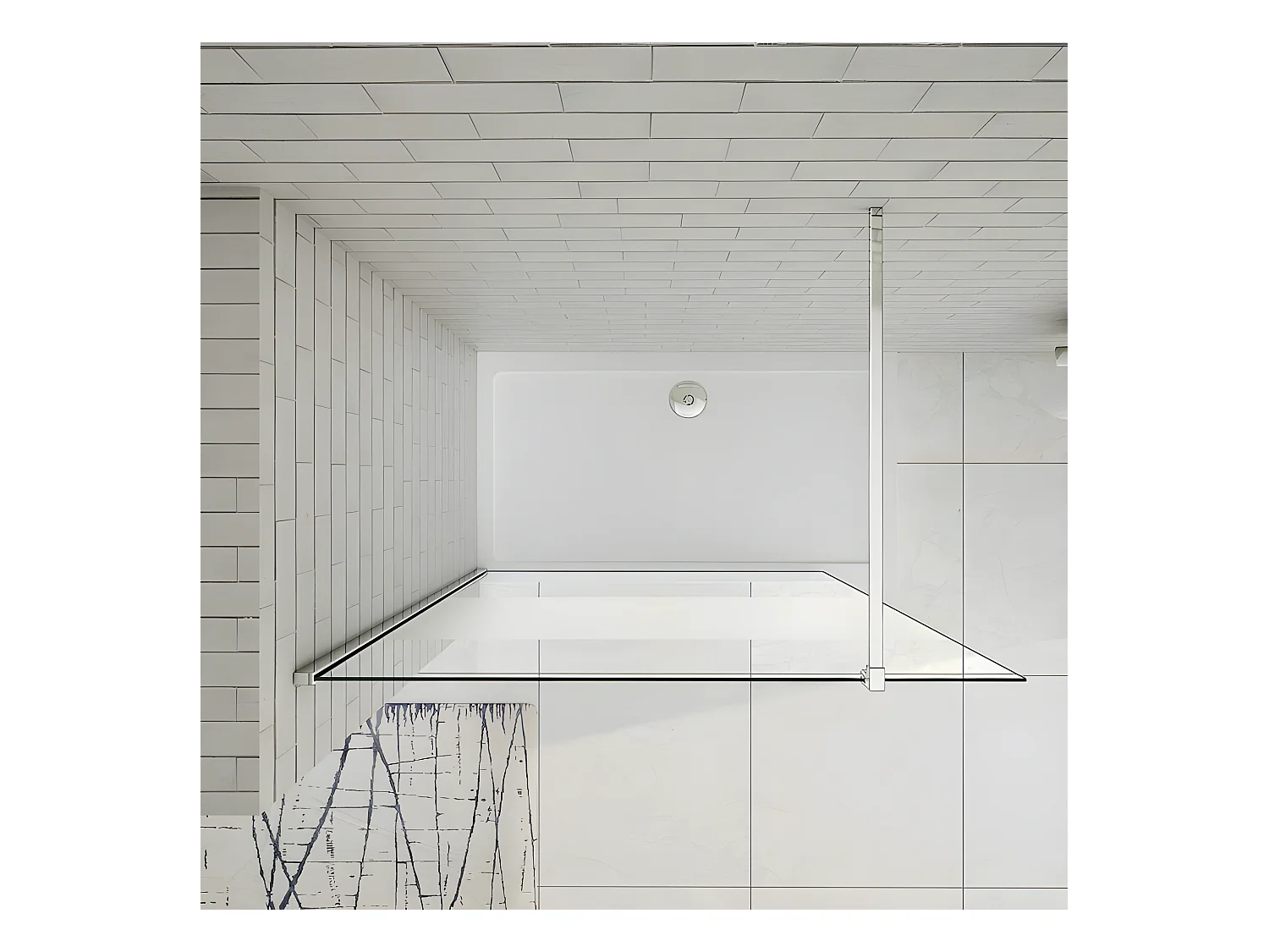 Paroi de douche à l'italienne 110x200cm avec barre de fixation 90cm en carré, en 8mm verre bande centrale dépolie