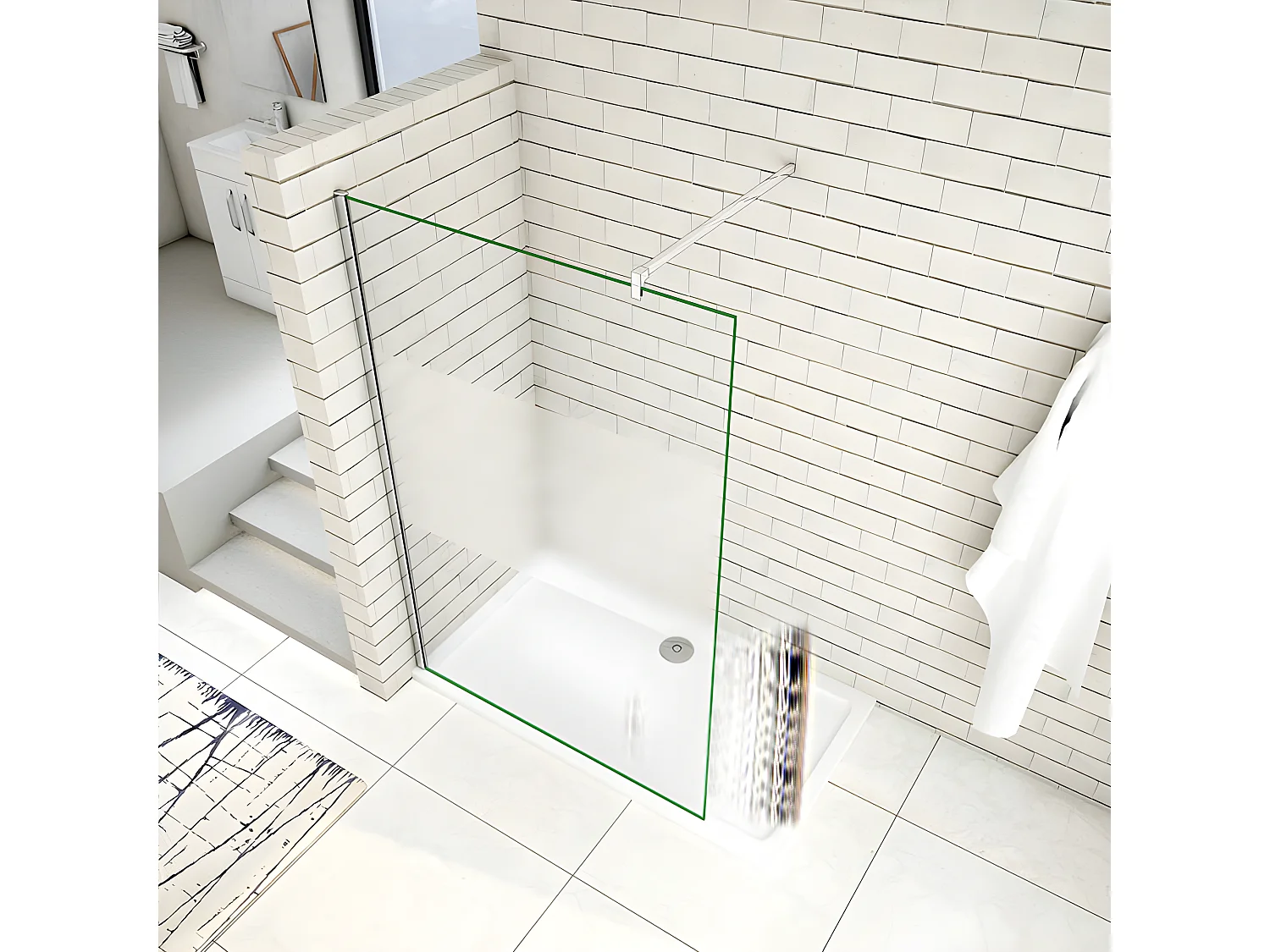 Paroi de douche à l'italienne 110x200cm avec barre de fixation 90cm en carré, en 8mm verre bande centrale dépolie