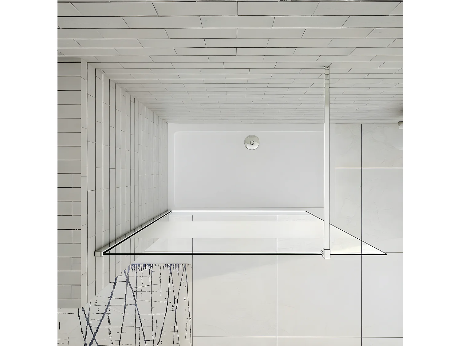 Paroi de douche à l'italienne 110x200cm avec barre de fixation 90cm en carré, en 8mm verre bande centrale dépolie