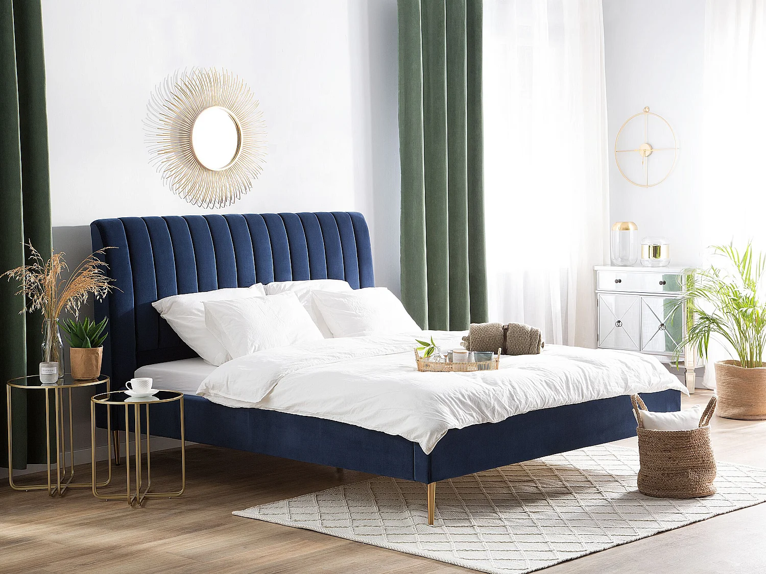 Lit avec sommier Velours MARVILLE 180 x 200 cm Bleu marine