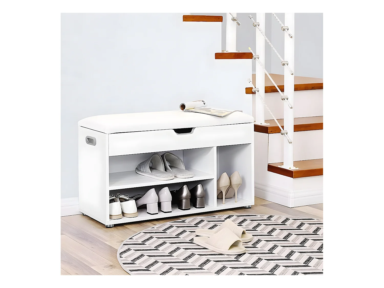 Banc à chaussures 3 compartiments et 1 espace coffre avec assise confortable - H44 cm