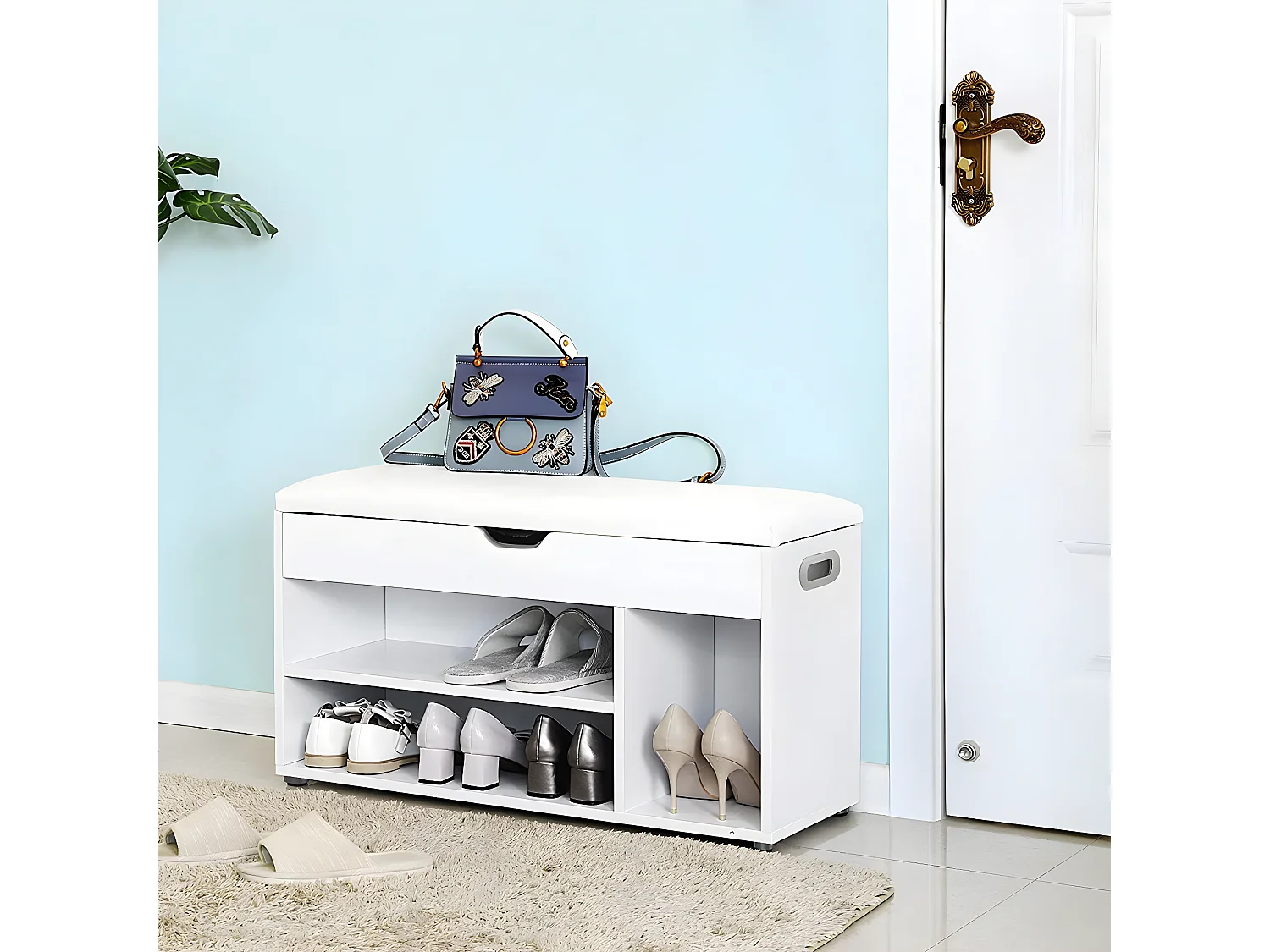 Banc à chaussures 3 compartiments et 1 espace coffre avec assise confortable - H44 cm