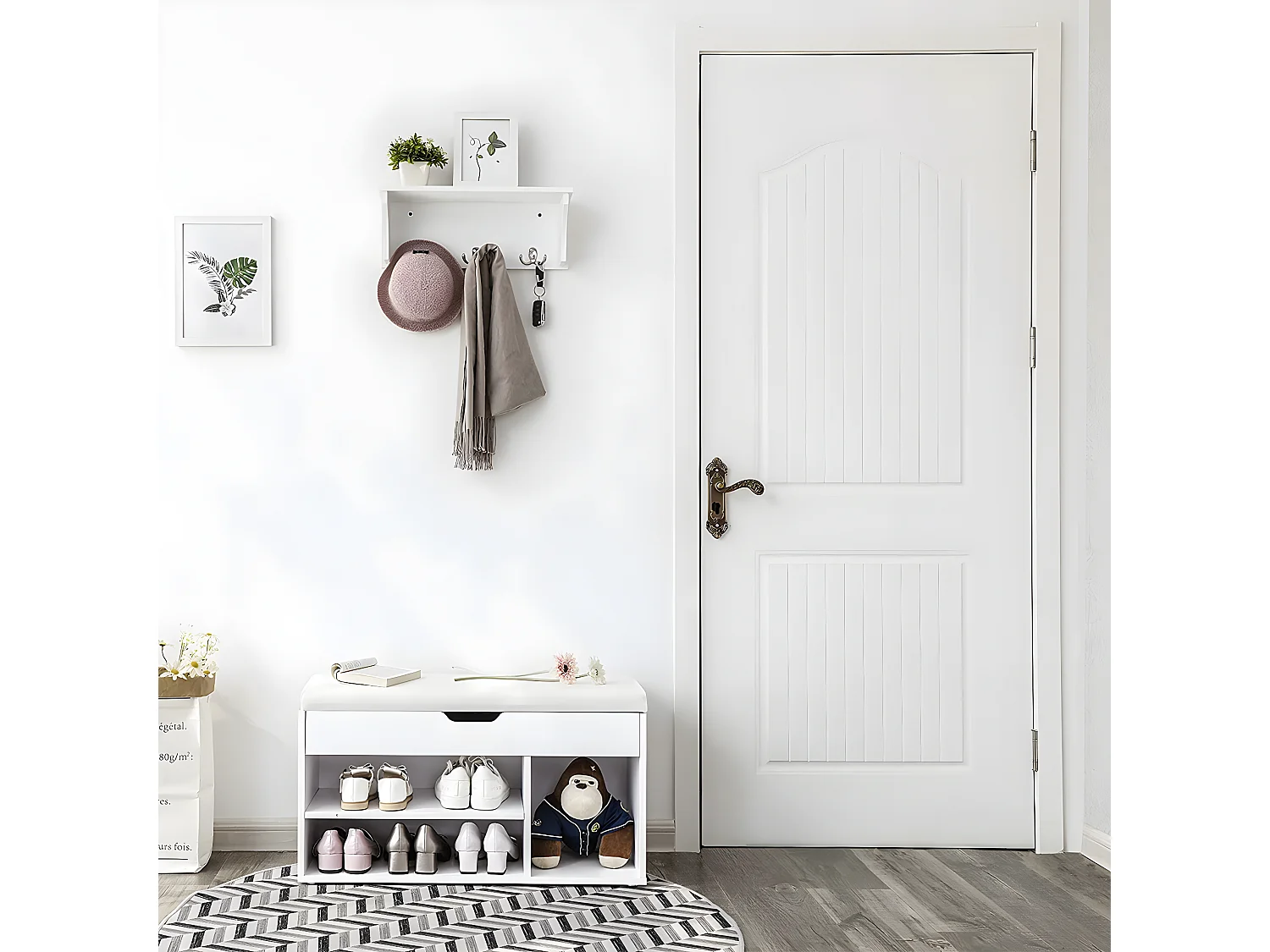 Banc à chaussures 3 compartiments et 1 espace coffre avec assise confortable - H44 cm