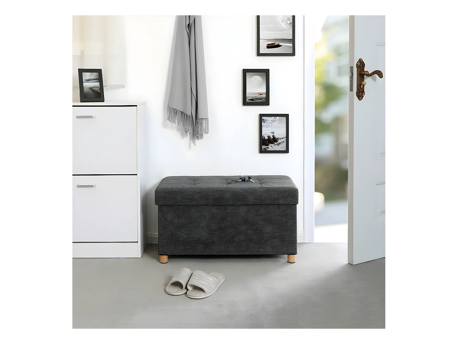 Banc de rangement pliable avec couvercle et pieds en bois massif - L76 cm