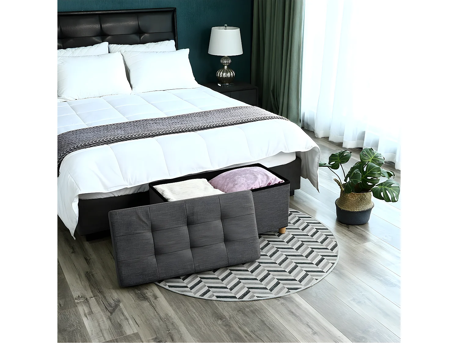 Faltbare Aufbewahrungsbank mit Deckel und Füßen aus Massivholz - L76 cm