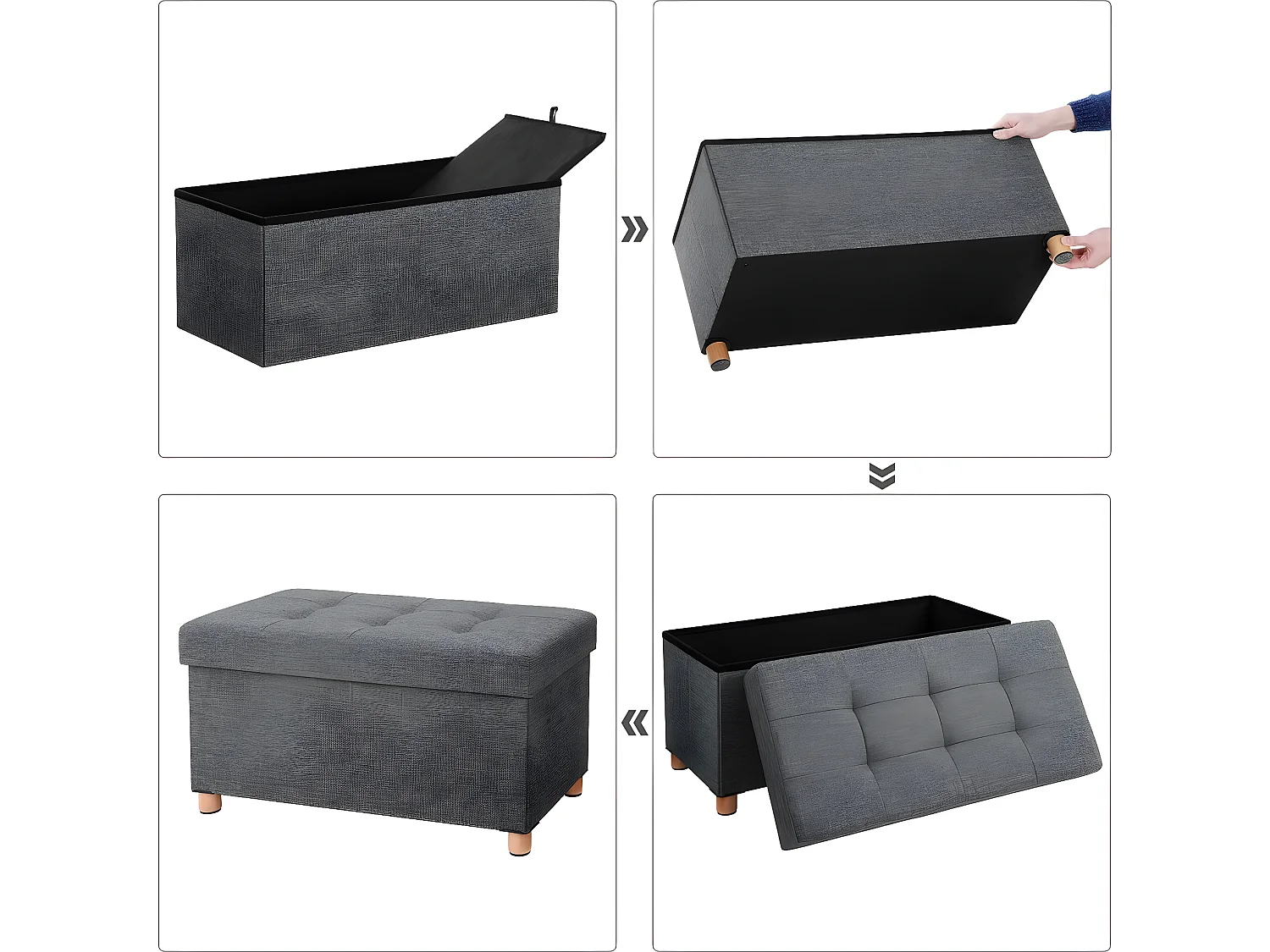 Faltbare Aufbewahrungsbank mit Deckel und Füßen aus Massivholz - L76 cm