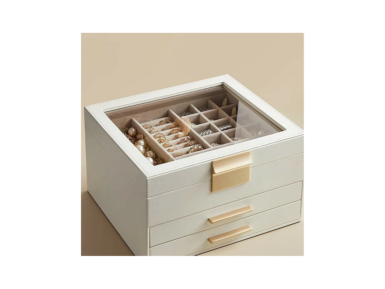 Boîte à bijoux à 3 niveaux avec couvercle en verre et 2 tiroirs - L23,1 cm