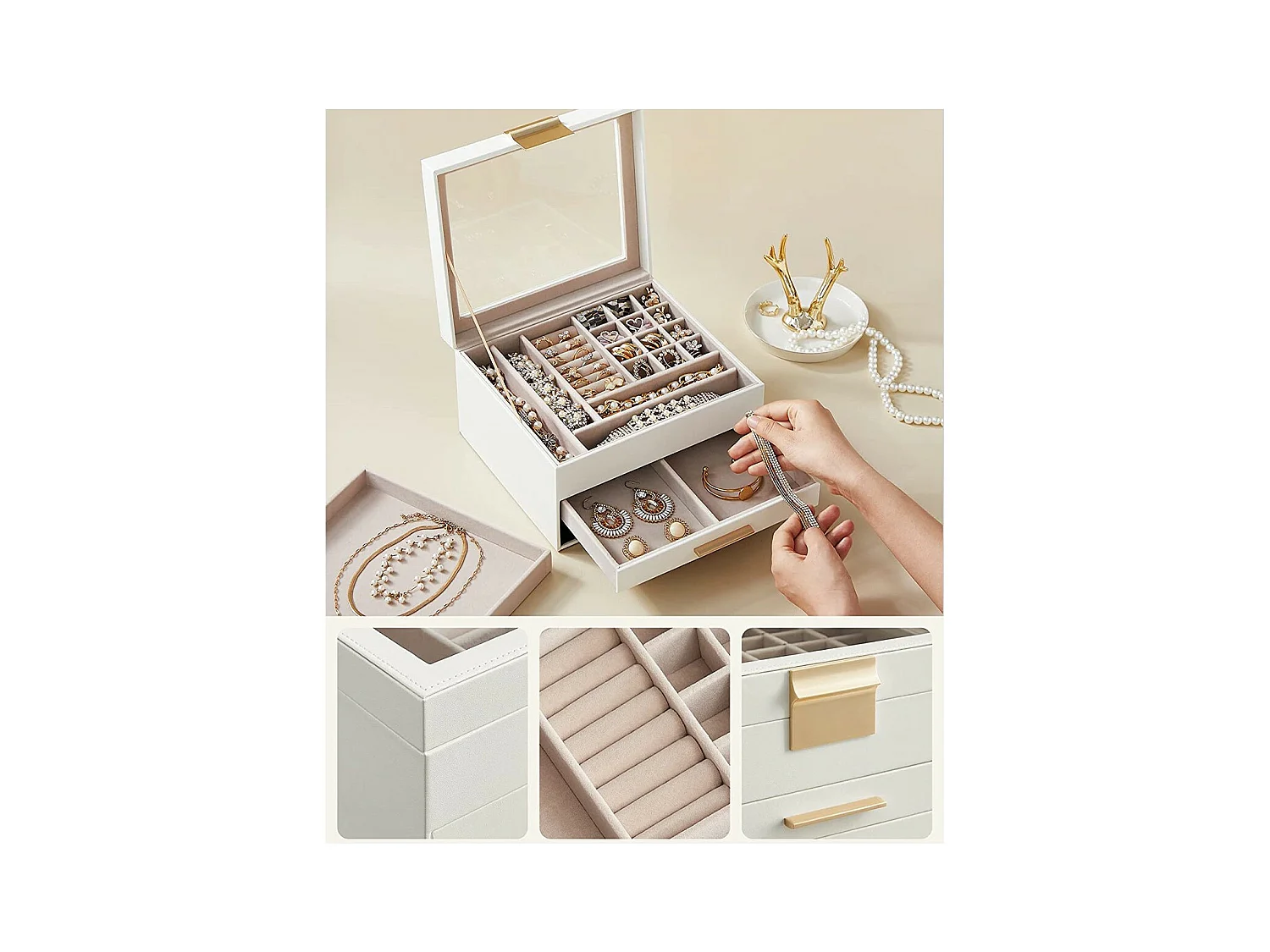 Boîte à bijoux à 3 niveaux avec couvercle en verre et 2 tiroirs - L23,1 cm