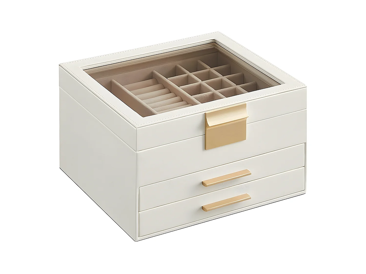 Boîte à bijoux à 3 niveaux avec couvercle en verre et 2 tiroirs - L23,1 cm