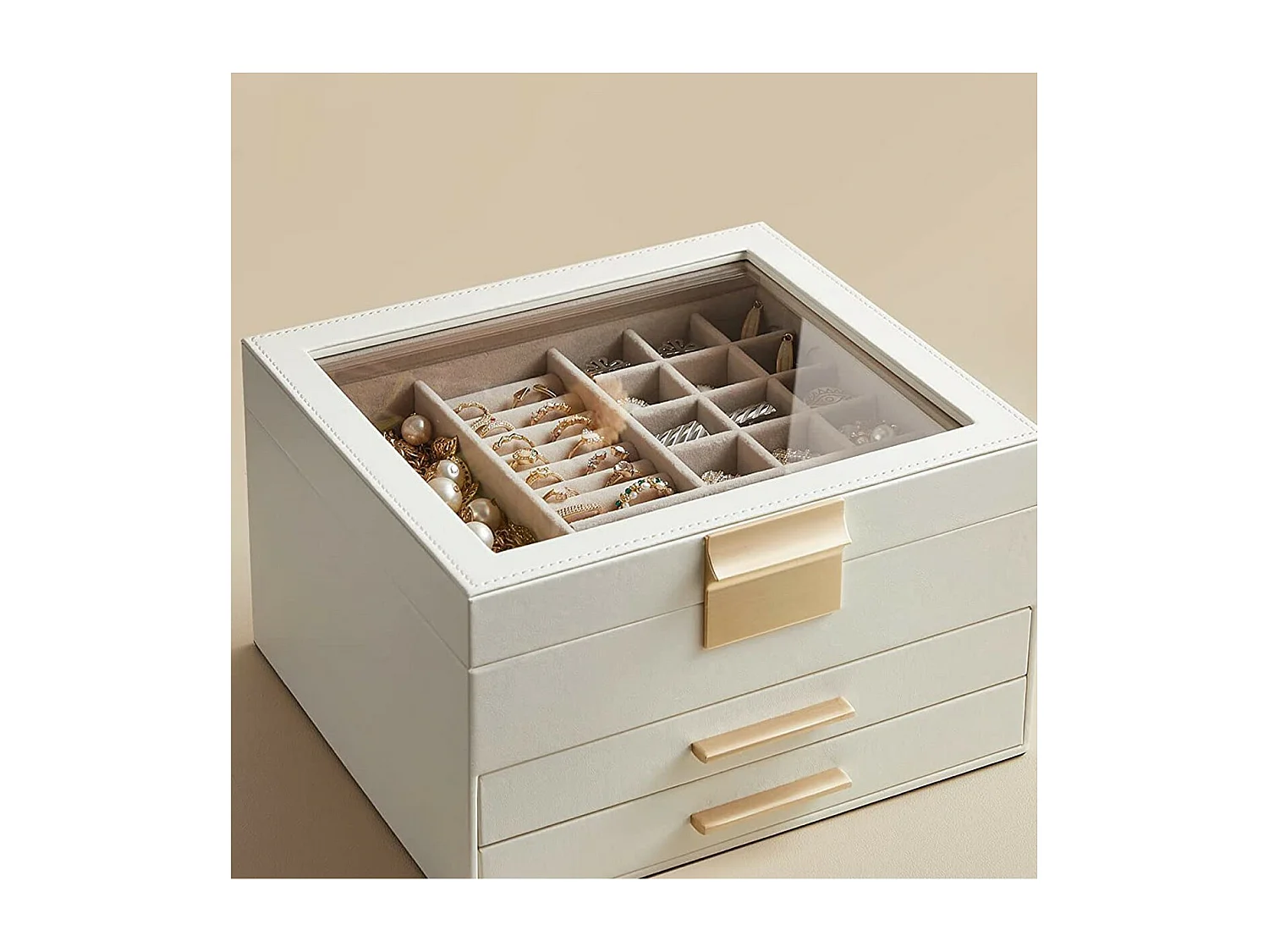 Boîte à bijoux à 3 niveaux avec couvercle en verre et 2 tiroirs - L23,1 cm