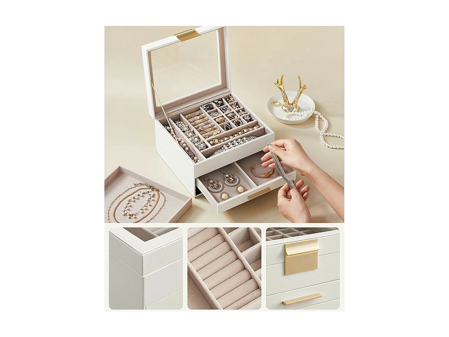 Boîte à bijoux à 3 niveaux avec couvercle en verre et 2 tiroirs - L23,1 cm