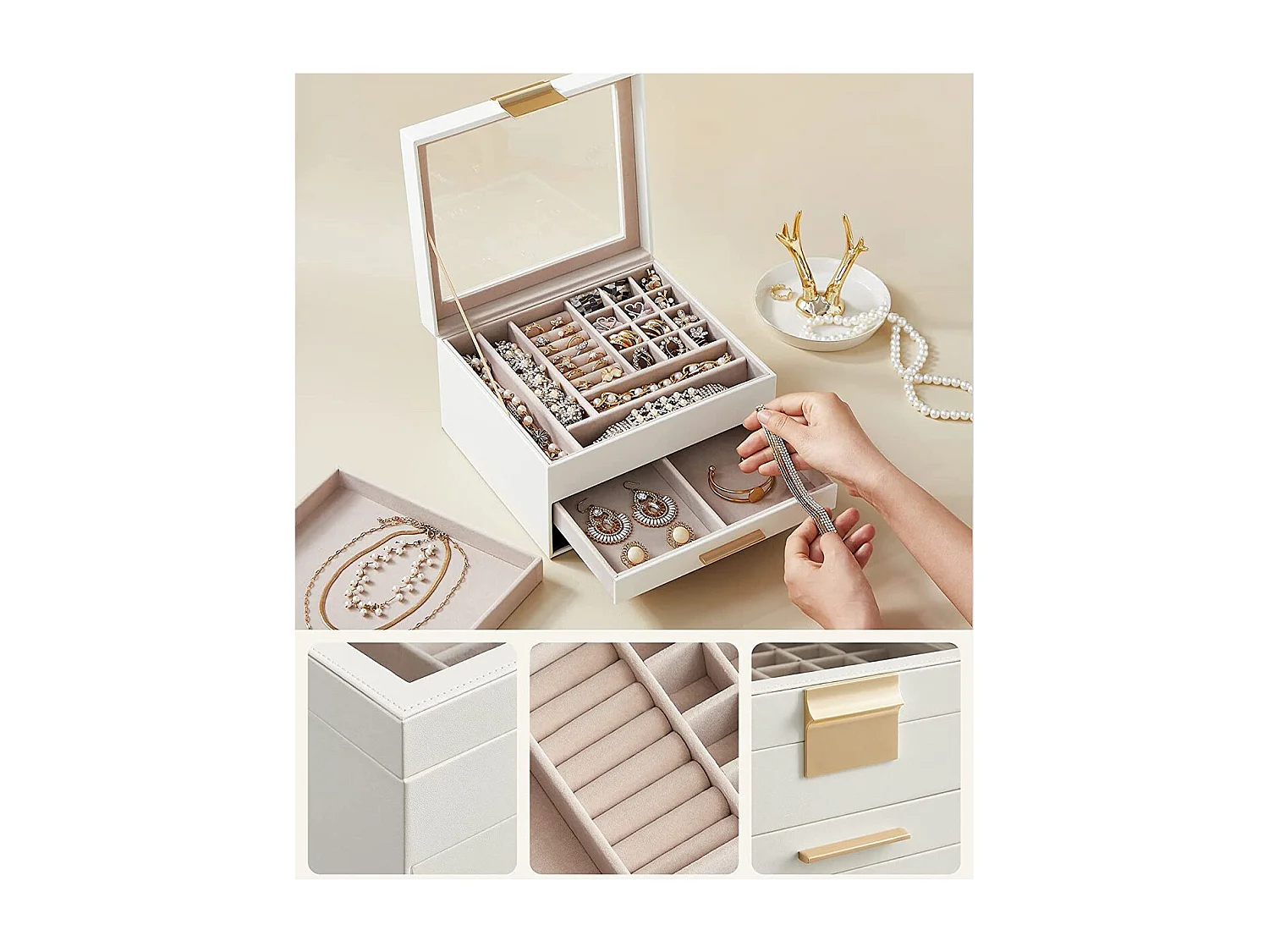 SONGMICS Portagioie con Coperchio in Vetro, Organizzatore di Gioielli a 3 Livelli con 2 Cassetti, Portagioie, Molto Spazio, Stile Moderno, Regalo per le Persone