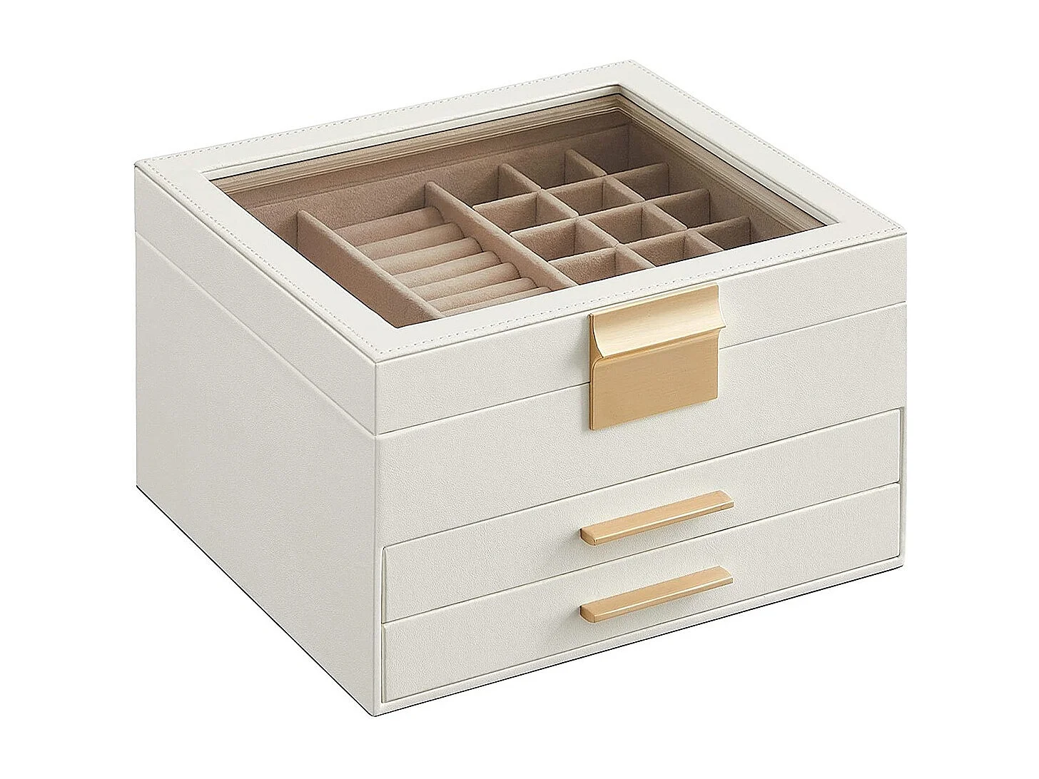 SONGMICS Portagioie con Coperchio in Vetro, Organizzatore di Gioielli a 3 Livelli con 2 Cassetti, Portagioie, Molto Spazio, Stile Moderno, Regalo per le Persone