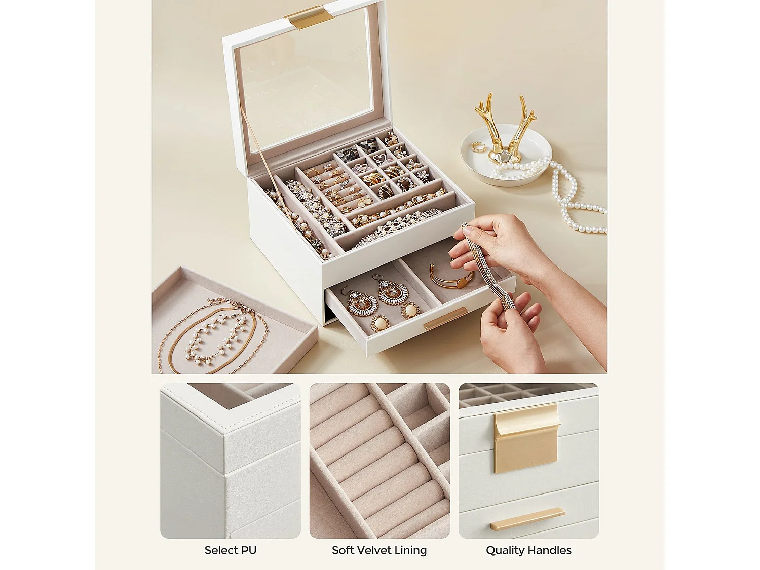 SONGMICS Portagioie con Coperchio in Vetro, Organizzatore di Gioielli a 3 Livelli con 2 Cassetti, Portagioie, Molto Spazio, Stile Moderno, Regalo per le Persone