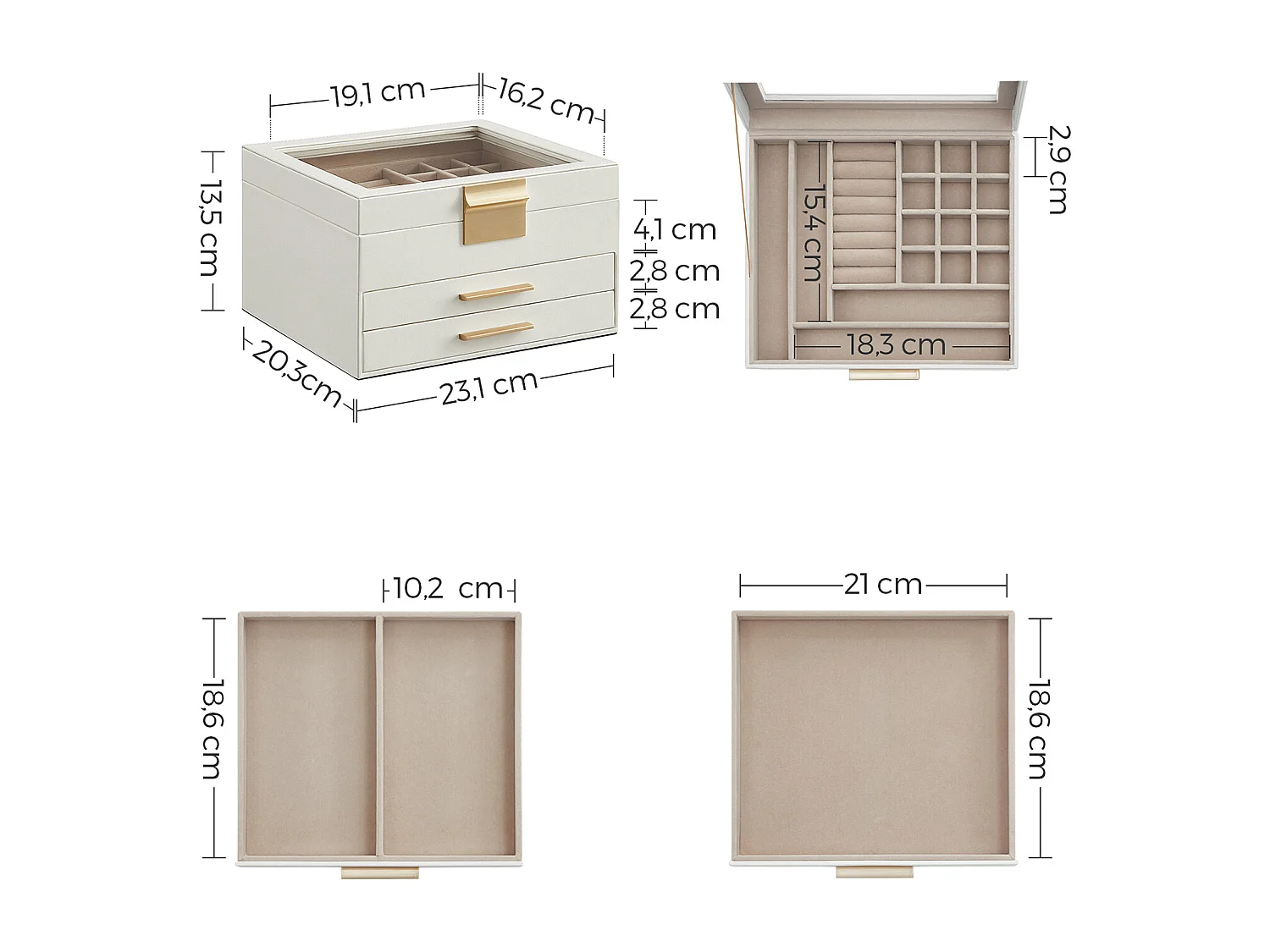 SONGMICS Portagioie con Coperchio in Vetro, Organizzatore di Gioielli a 3 Livelli con 2 Cassetti, Portagioie, Molto Spazio, Stile Moderno, Regalo per le Persone