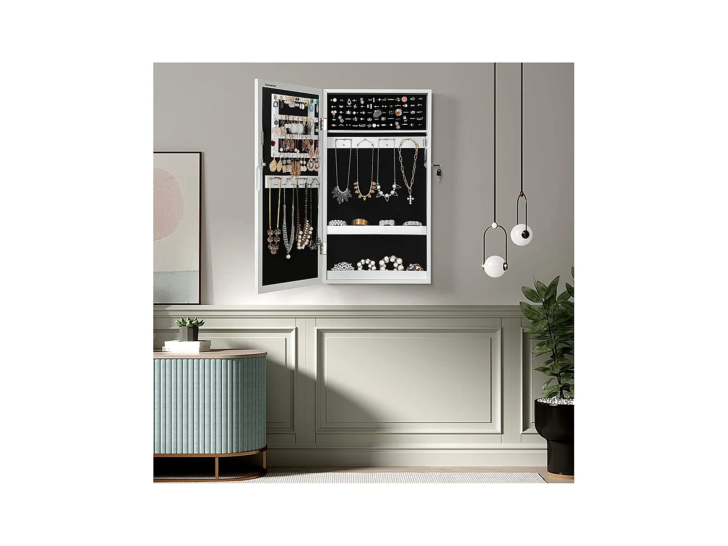 Armoire à bijoux murale verrouillable avec miroir - H67 cm