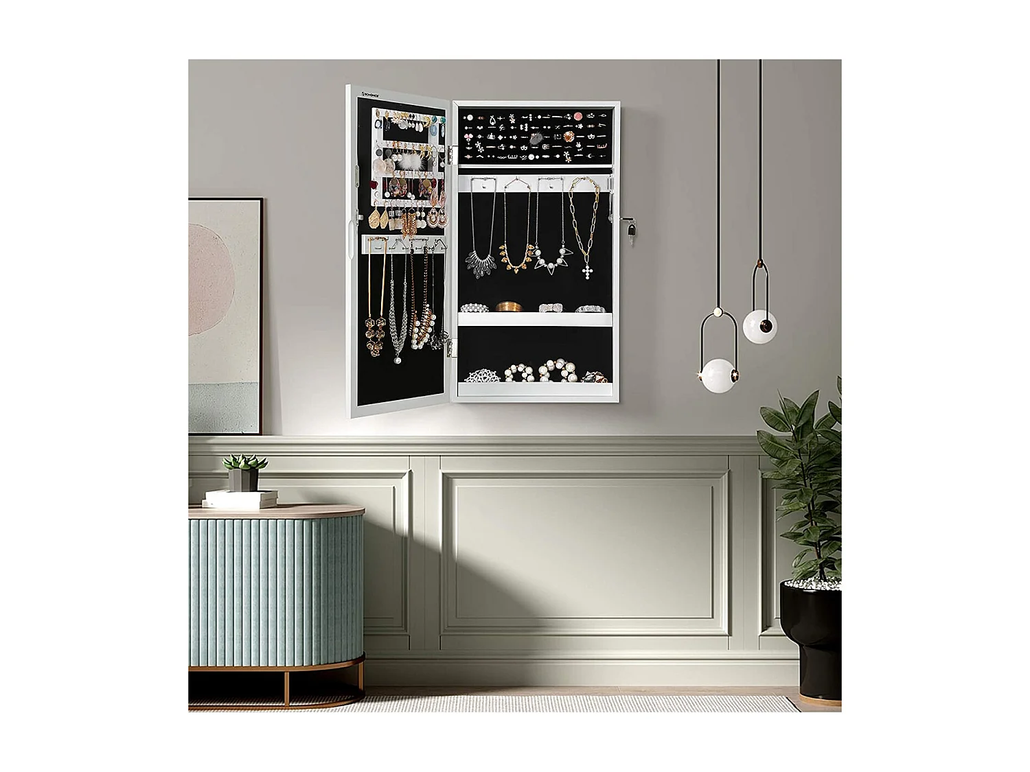 Armoire à bijoux murale verrouillable avec miroir - H67 cm