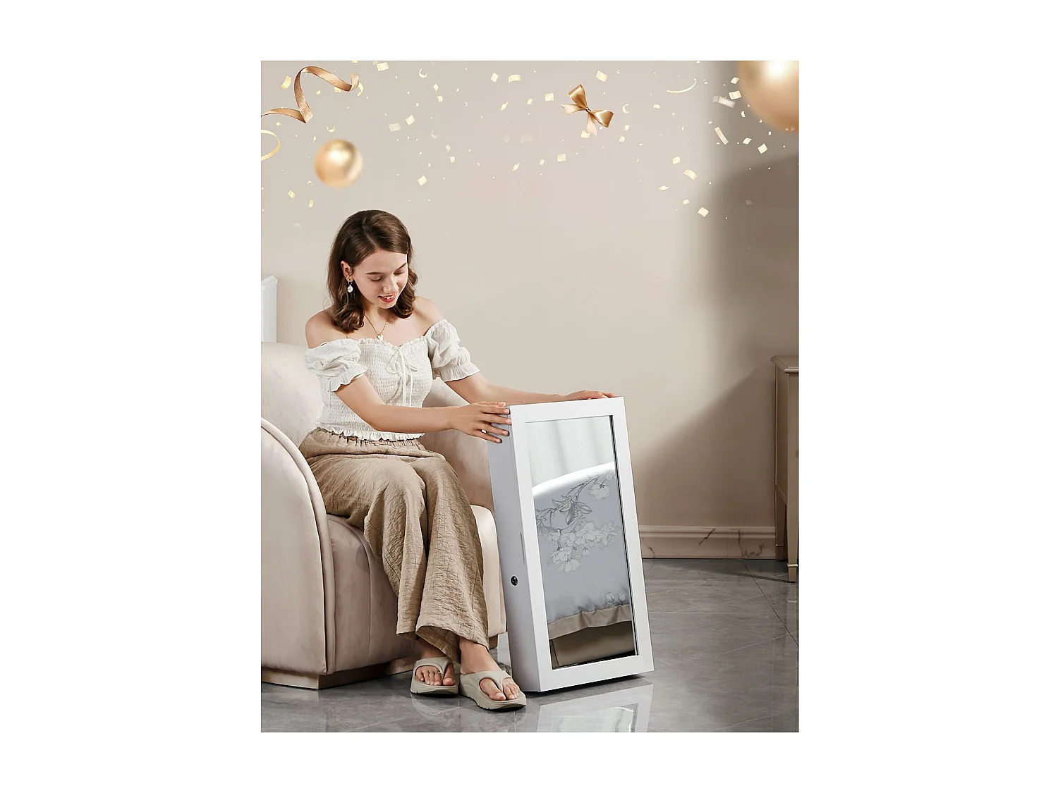 SONGMICS Armadietto per gioielli con serratura a specchio bianco, organizzatore di gioielli a parete, idea regalo JBC51W