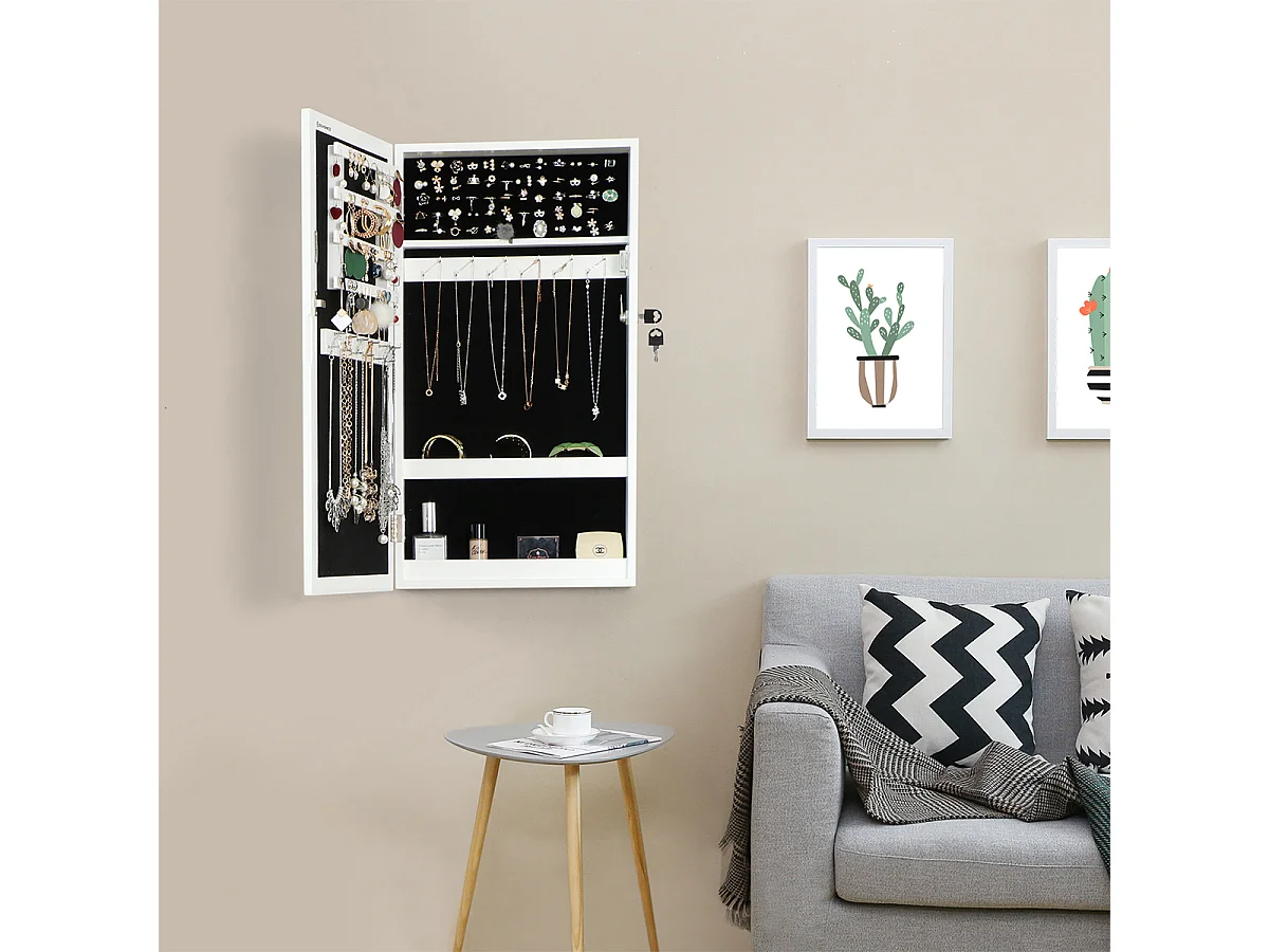 SONGMICS Weißer verspiegelter abschließbarer Schmuckschrank, Wandhalterung für Schmuck, Geschenkidee JBC51W