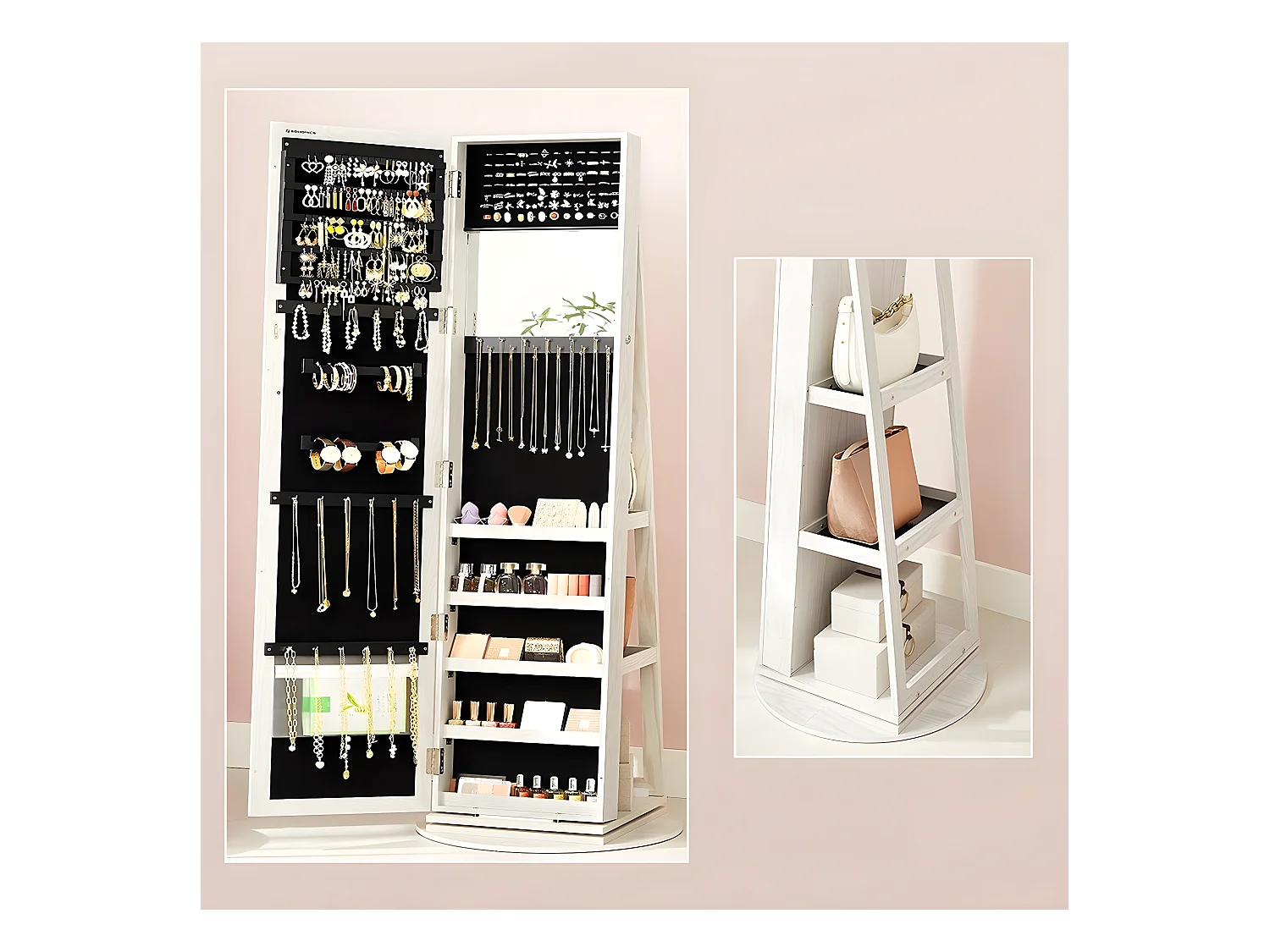 Armoire à bijoux pivotante sur pieds 3-en-1 avec grand miroir et étagères - H160 cm