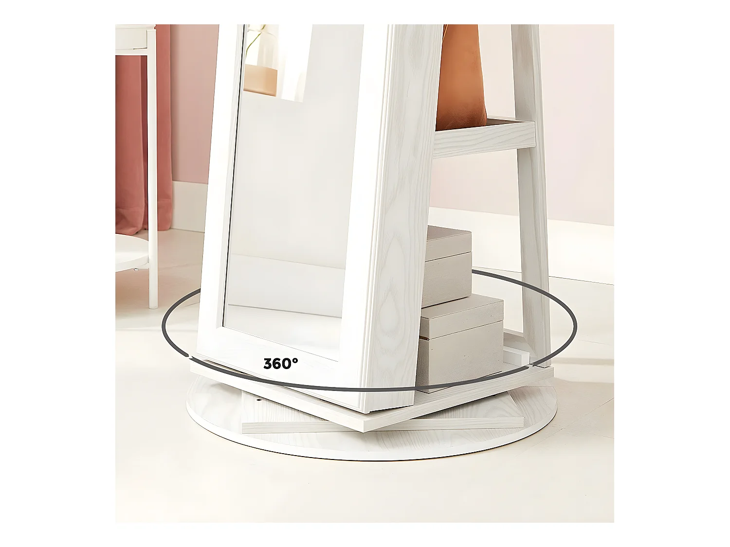 Armoire à bijoux pivotante sur pieds 3-en-1 avec grand miroir et étagères - H160 cm