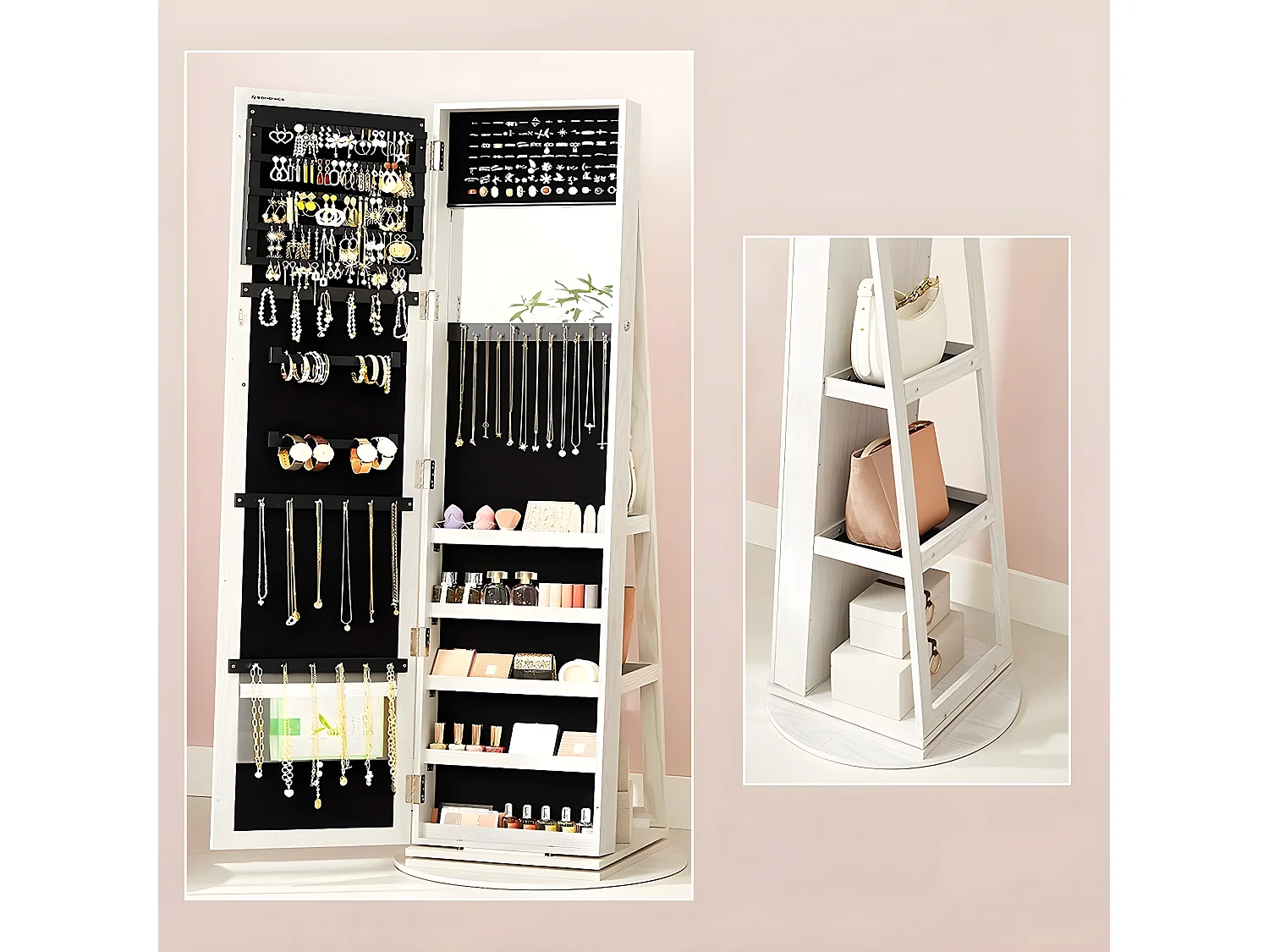 Armoire à bijoux pivotante sur pieds 3-en-1 avec grand miroir et étagères - H160 cm