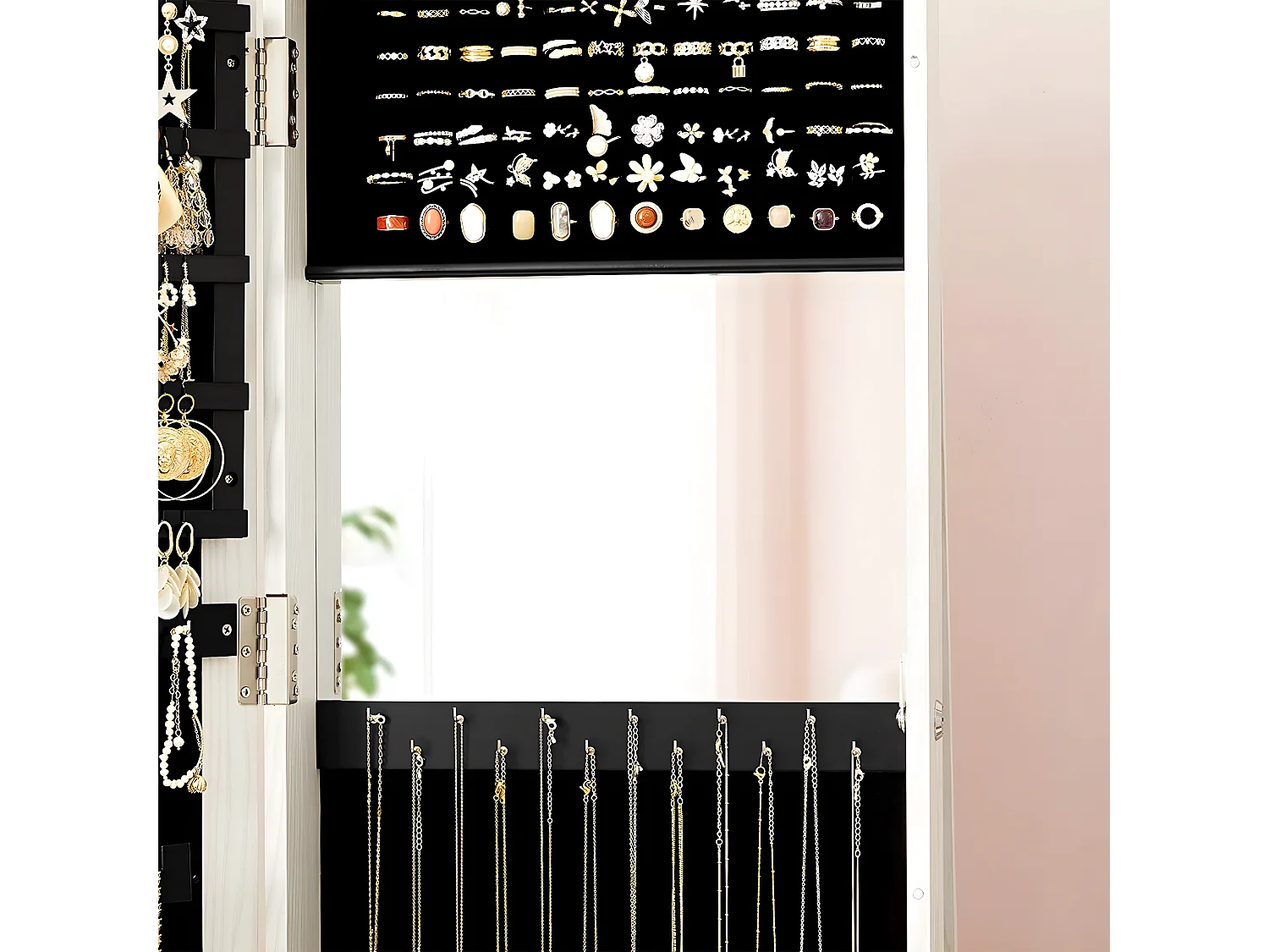 Armoire à bijoux pivotante sur pieds 3-en-1 avec grand miroir et étagères - H160 cm