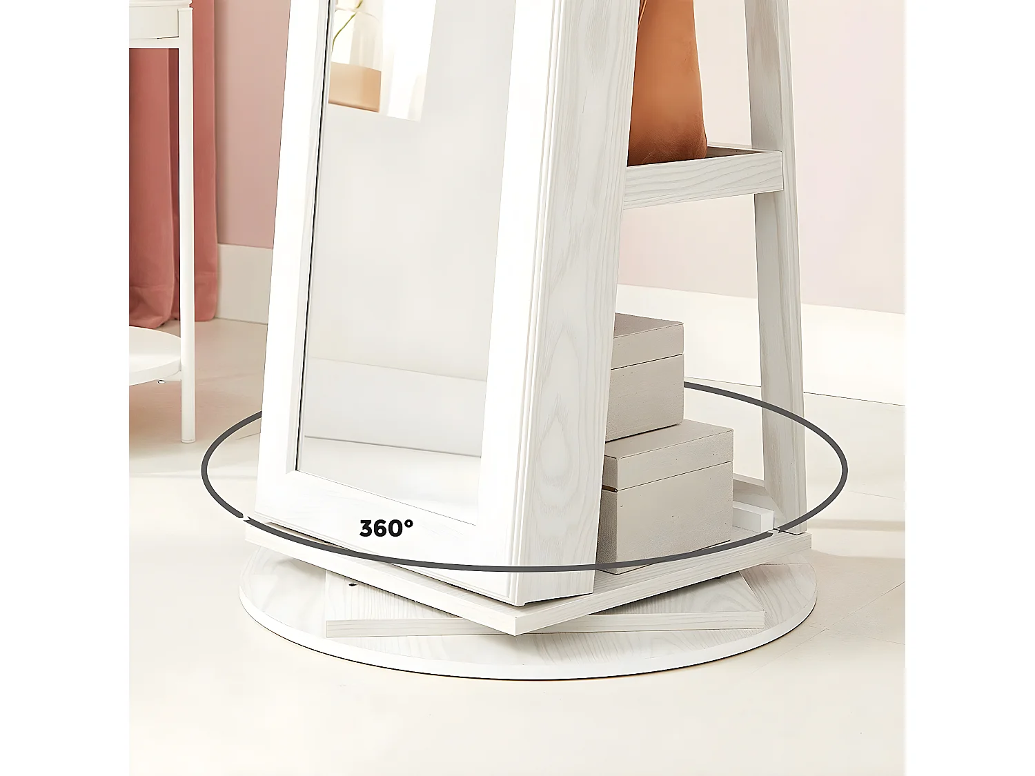 Armoire à bijoux pivotante sur pieds 3-en-1 avec grand miroir et étagères - H160 cm