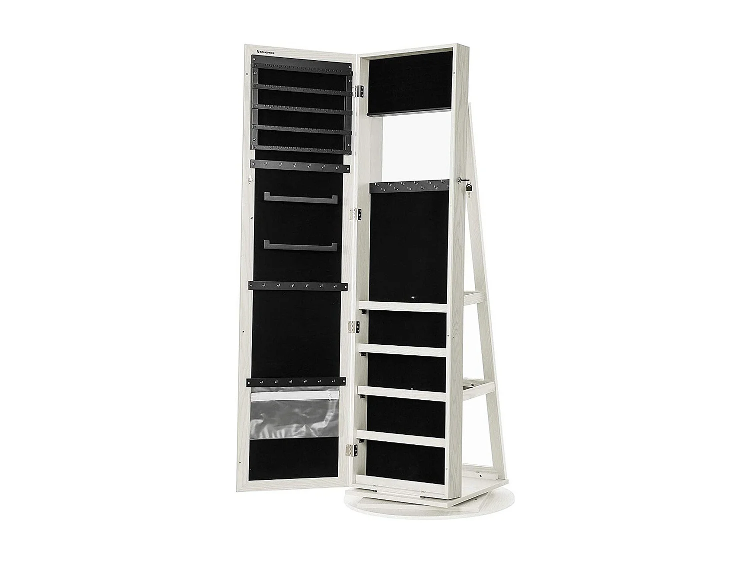 SONGMICS Armadietto per gioielli indipendente, organizer per gioielli girevole a 360° con specchio, ripiani, armadio per gioielli con serratura 3 in 1, armadietto