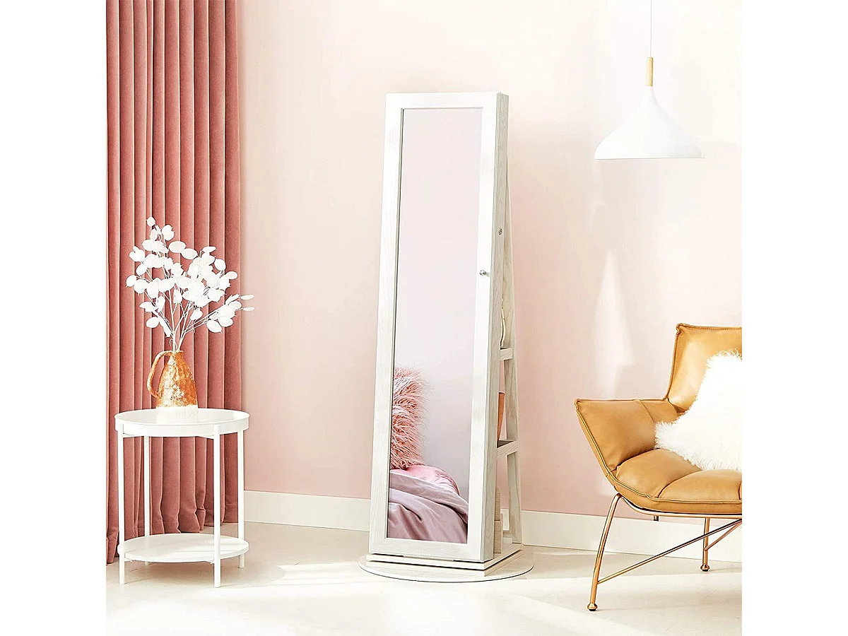 SONGMICS Armadietto per gioielli indipendente, organizer per gioielli girevole a 360° con specchio, ripiani, armadio per gioielli con serratura 3 in 1, armadietto