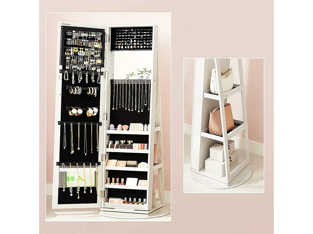 SONGMICS Armadietto per gioielli indipendente, organizer per gioielli girevole a 360° con specchio, ripiani, armadio per gioielli con serratura 3 in 1, armadietto