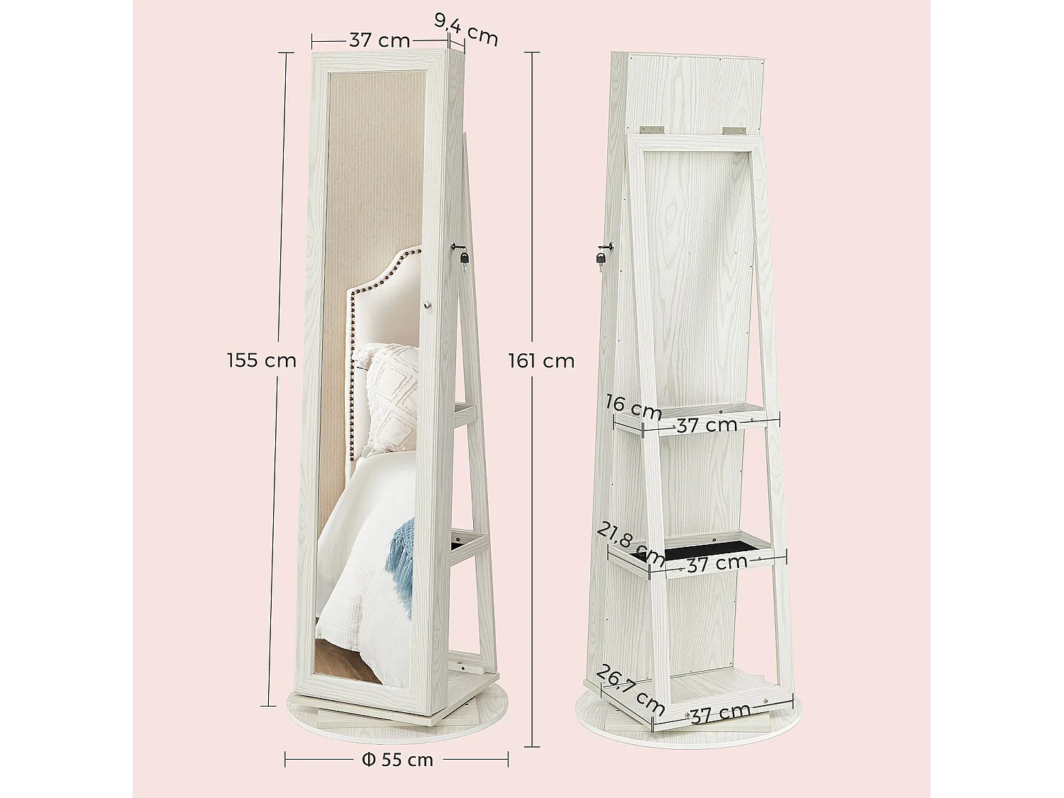 SONGMICS Armadietto per gioielli indipendente, organizer per gioielli girevole a 360° con specchio, ripiani, armadio per gioielli con serratura 3 in 1, armadietto