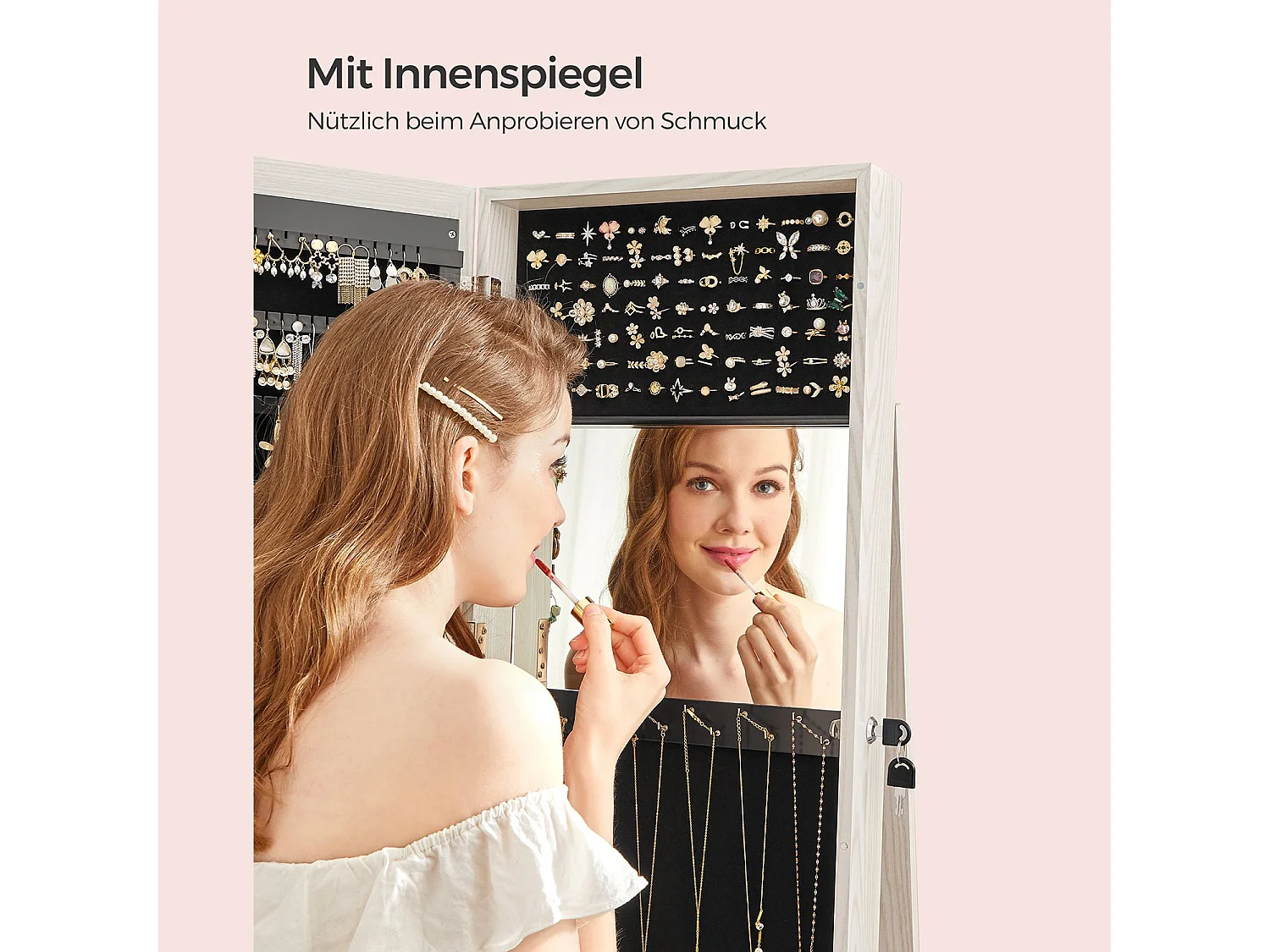 SONGMICS Armadietto per gioielli indipendente, organizer per gioielli girevole a 360° con specchio, ripiani, armadio per gioielli con serratura 3 in 1, armadietto