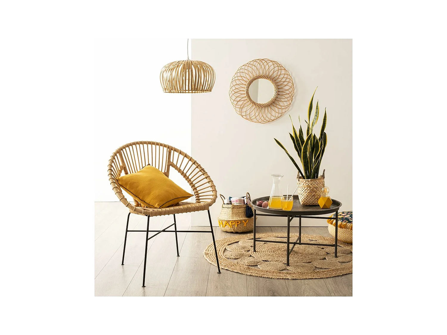 Fauteuil en Métal Noir et Rotin H 86 cm