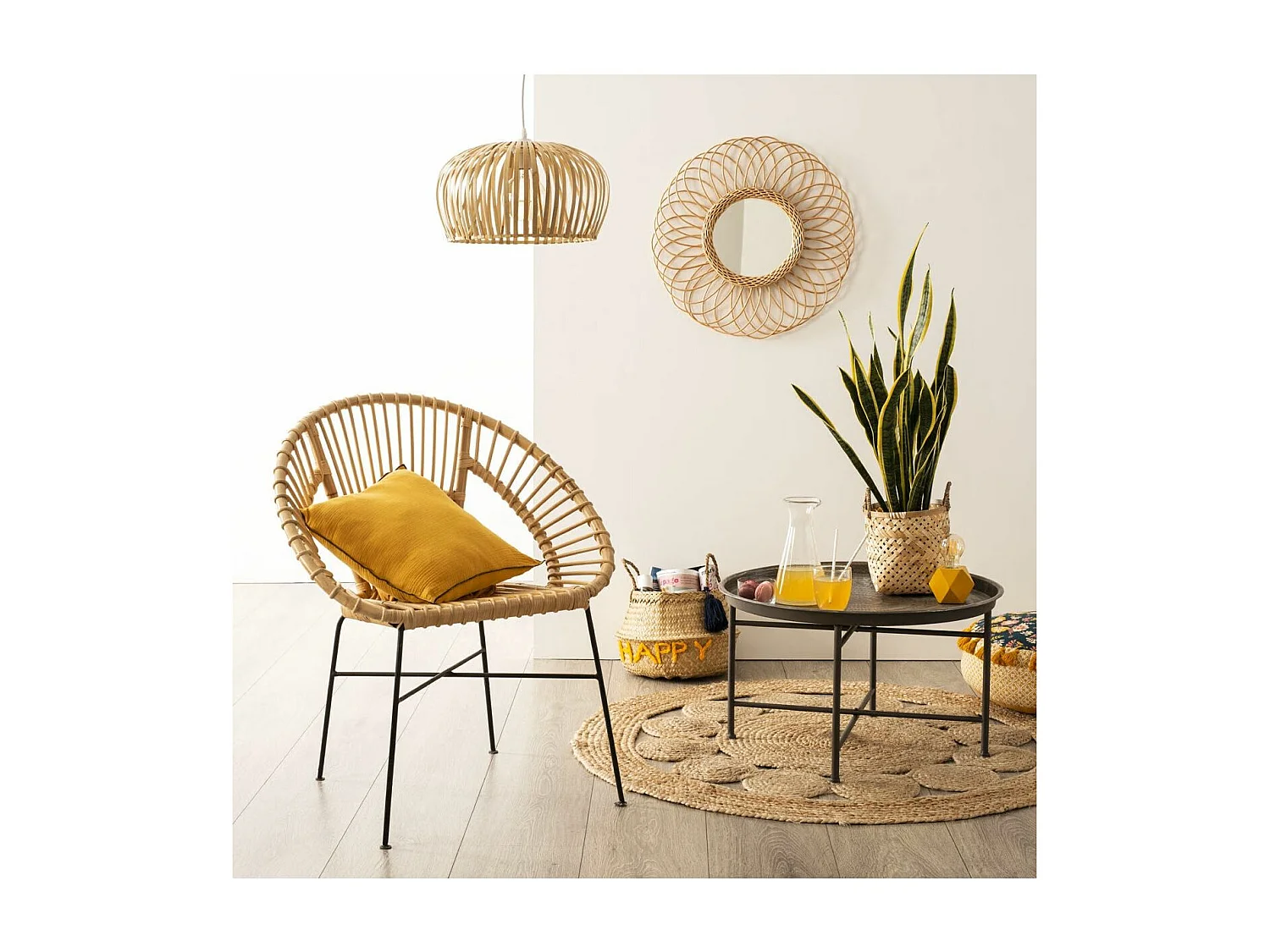 Fauteuil en Métal Noir et Rotin H 86 cm