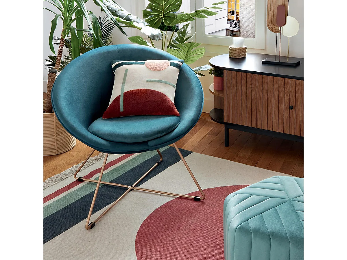 Fauteuil en Velours Bleu et Pieds en métal doré