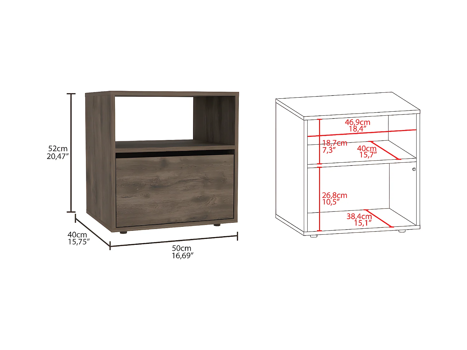 Nuit de Galanto avec 1 étagère et 1 tiroir, 52 cm à x 50cm L x 40cm P, acorn