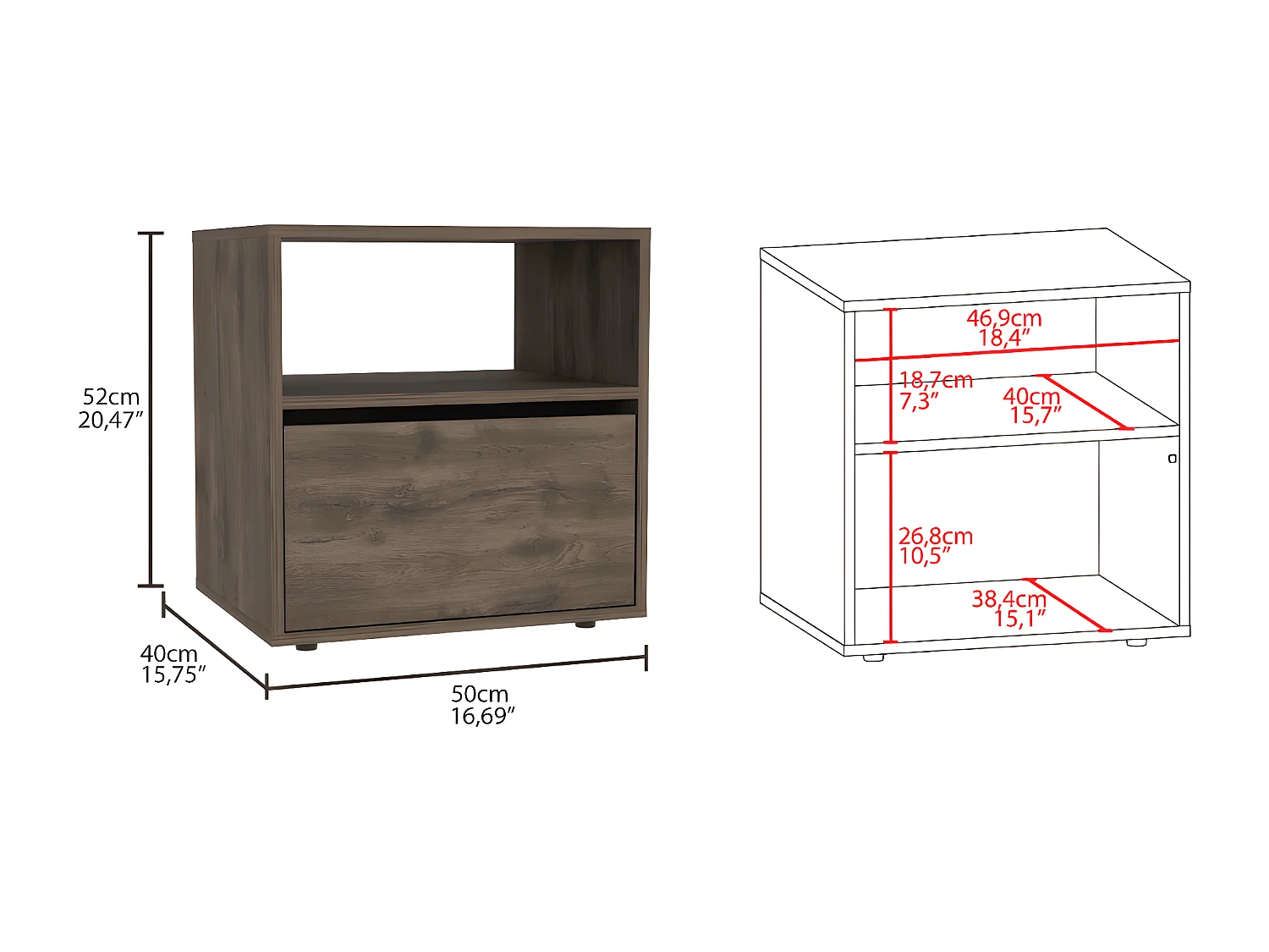 Nuit de Galanto avec 1 étagère et 1 tiroir, 52 cm à x 50cm L x 40cm P, acorn