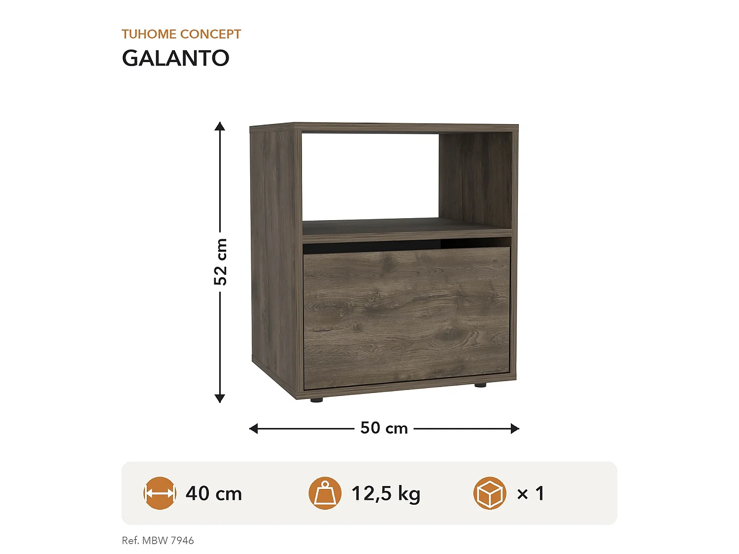 TUHOME CONCEPT Comodino Galanto da 50 cm, rovere scuro