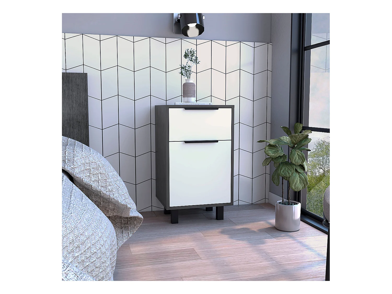 Table de nuit Kaia Z avec tiroir et armoire 41,2 cm L x 36,3 cm D x70cm au blanc / gris