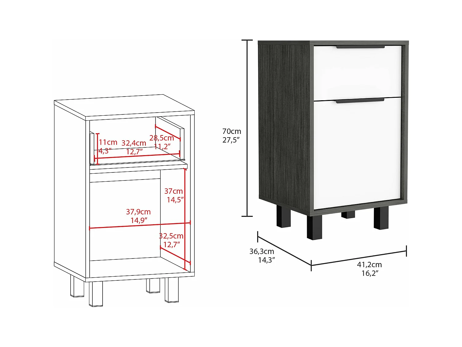 Table de nuit Kaia Z avec tiroir et armoire 41,2 cm L x 36,3 cm D x70cm au blanc / gris