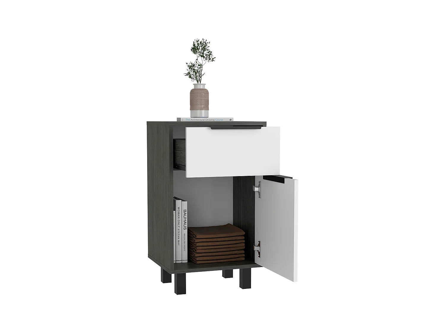 Table de nuit Kaia Z avec tiroir et armoire 41,2 cm L x 36,3 cm D x70cm au blanc / gris