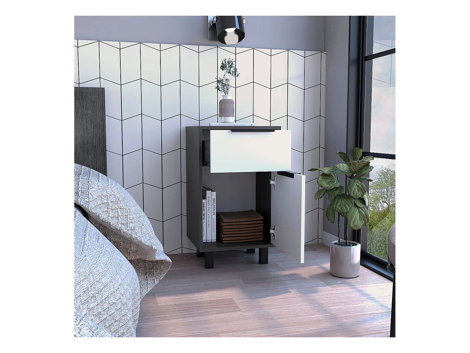 Table de nuit Kaia Z avec tiroir et armoire 41,2 cm L x 36,3 cm D x70cm au blanc / gris