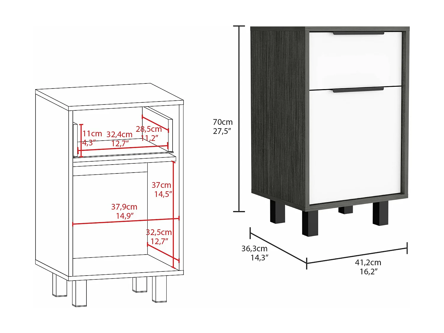 Table de nuit Kaia Z avec tiroir et armoire 41,2 cm L x 36,3 cm D x70cm au blanc / gris