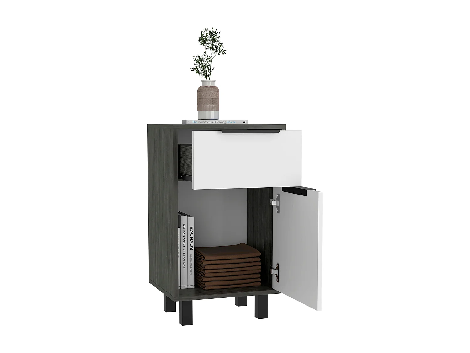 Table de nuit Kaia Z avec tiroir et armoire 41,2 cm L x 36,3 cm D x70cm au blanc / gris