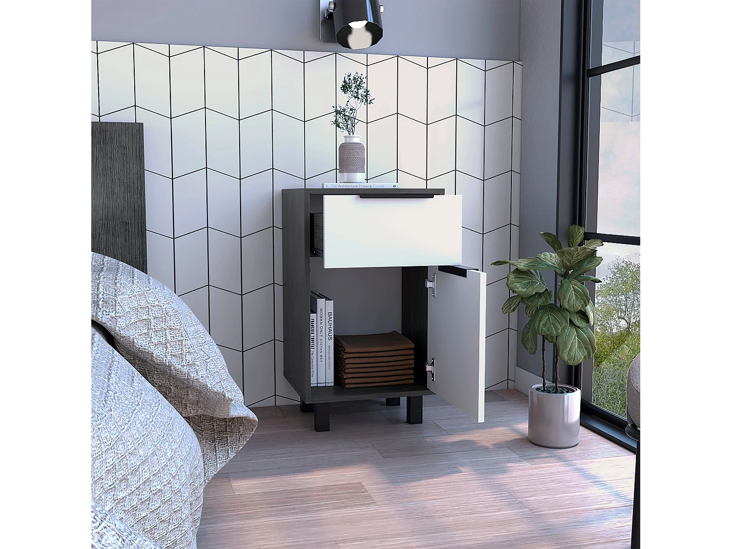 Table de nuit Kaia Z avec tiroir et armoire 41,2 cm L x 36,3 cm D x70cm au blanc / gris