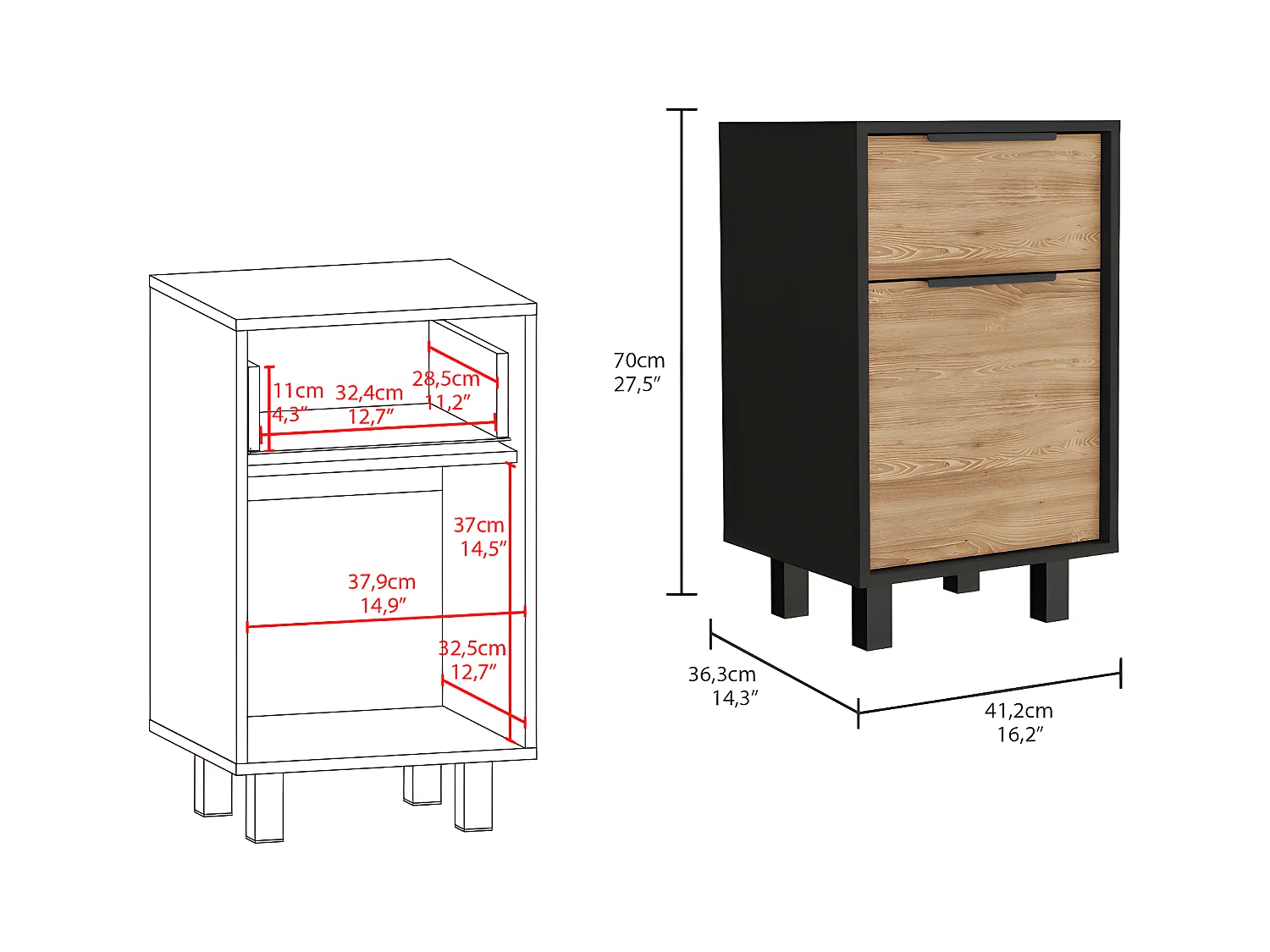 Table de nuit Kaia Z avec tiroir et armoire 41,2 cm L x 36,3 cm D x70cm A Caffe / Gray