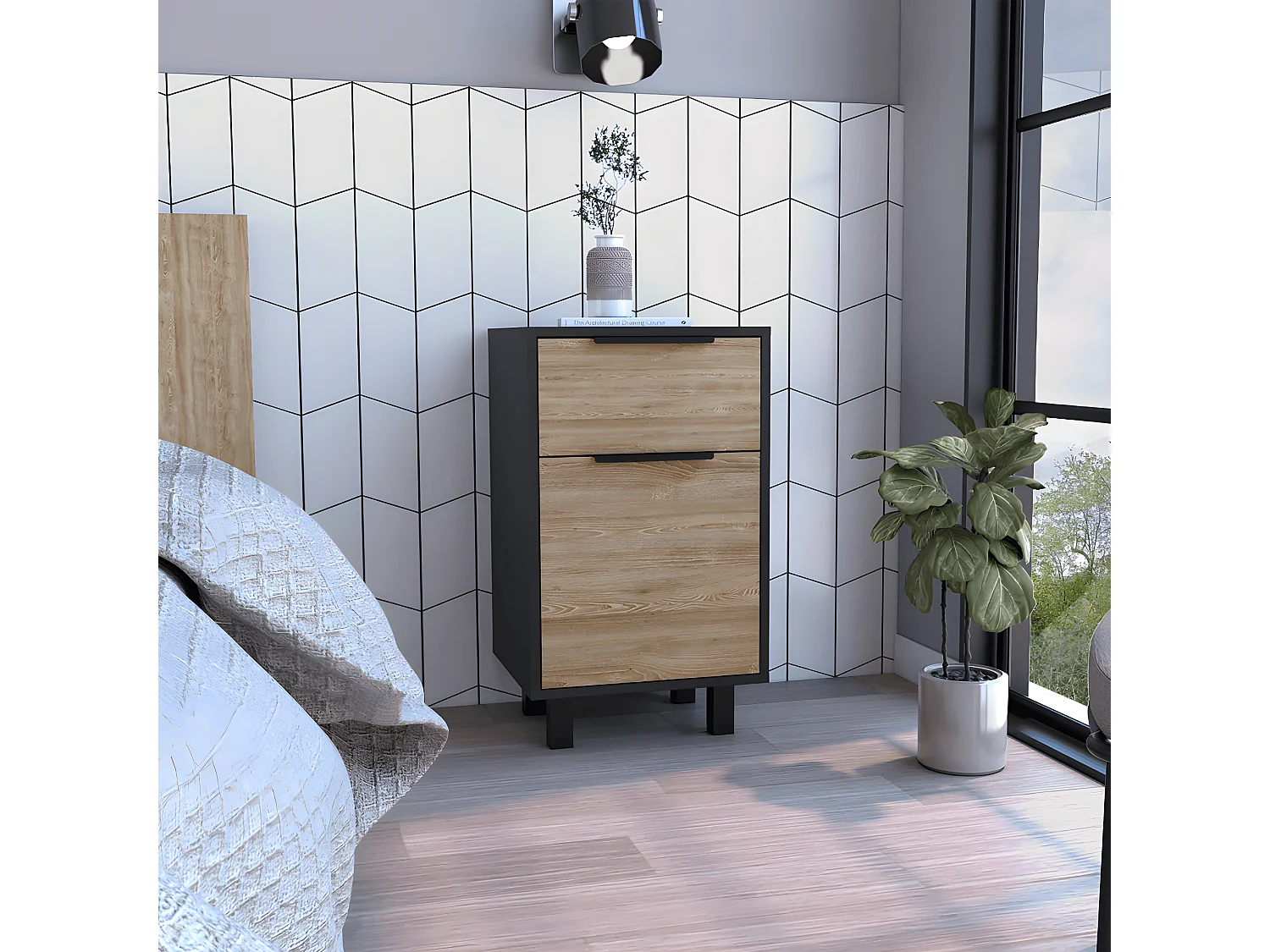 Comodino Kaia Z, con un cassetto 41,2CM L X 36,3CM P X 70CM L X 70CM H Nero / Miele